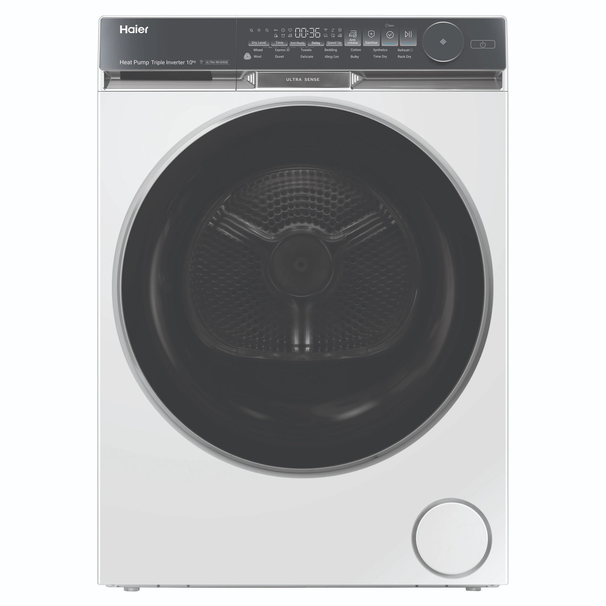 Haier 10kg 500 Series White Heat Pump Dryer Ultra Sense HDHP10DW1, Front View