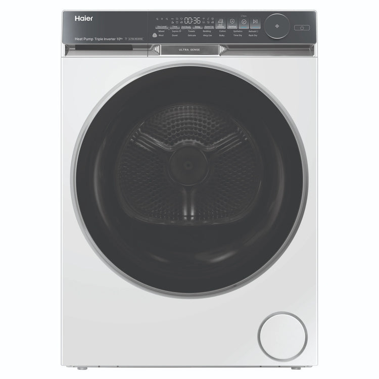 Haier 10kg 500 Series White Heat Pump Dryer Ultra Sense HDHP10DW1, Front View