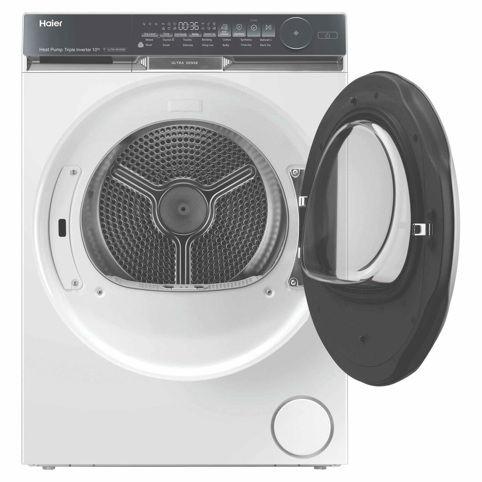 Haier 10kg 500 Series White Heat Pump Dryer Ultra Sense HDHP10DW1, Front View with Door Open