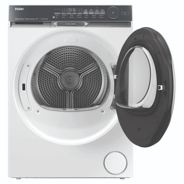 Haier 10kg 500 Series White Heat Pump Dryer Ultra Sense HDHP10DW1, Front View with Door Open