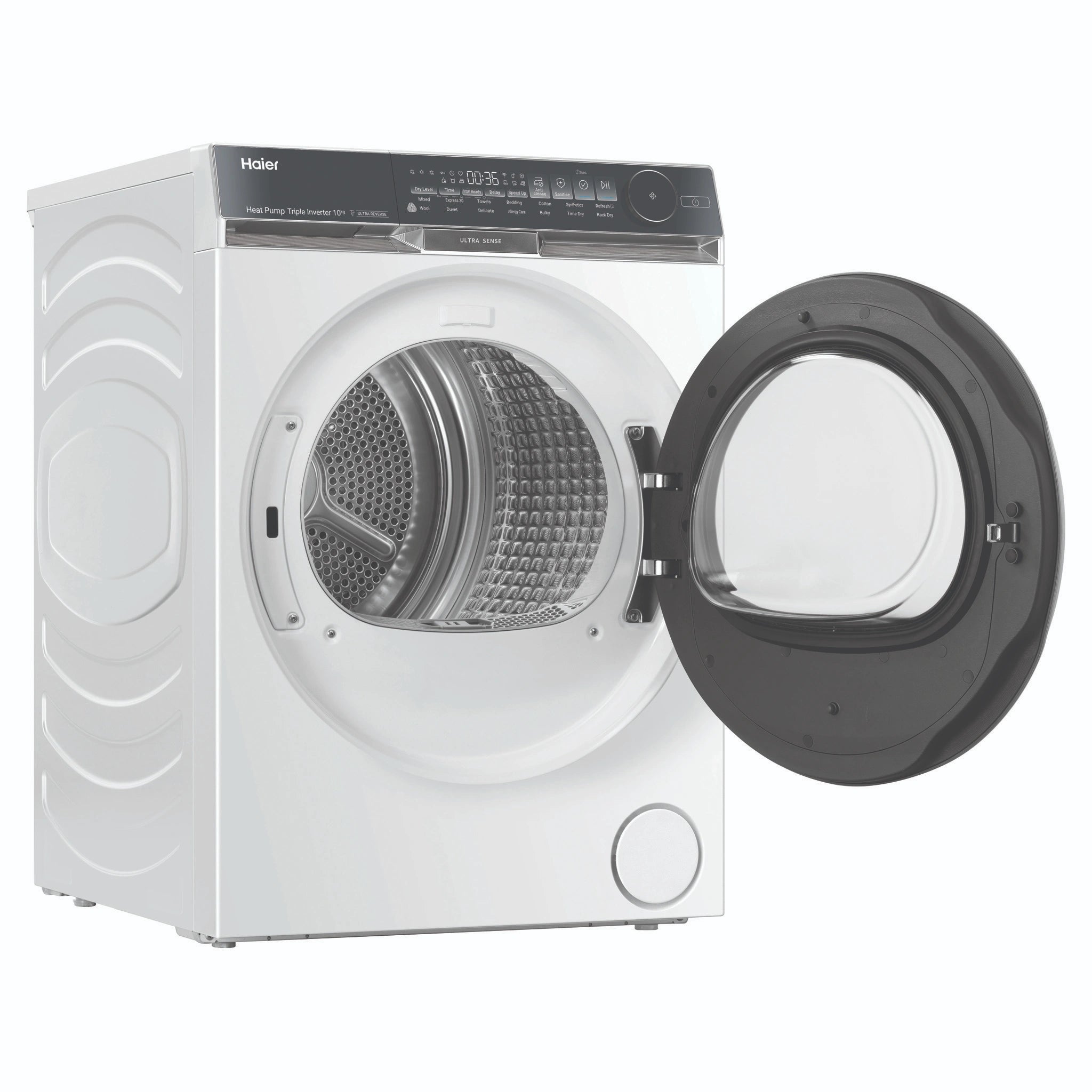 Haier 10kg 500 Series White Heat Pump Dryer Ultra Sense HDHP10DW1, Front View with Door Open