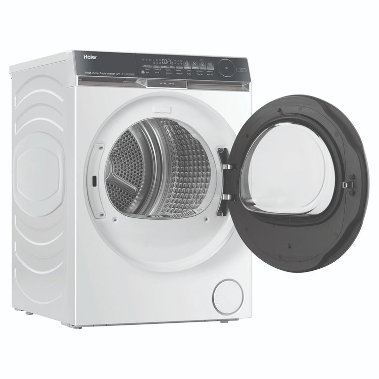 Haier 10kg 500 Series White Heat Pump Dryer Ultra Sense HDHP10DW1, Front View with Door Open