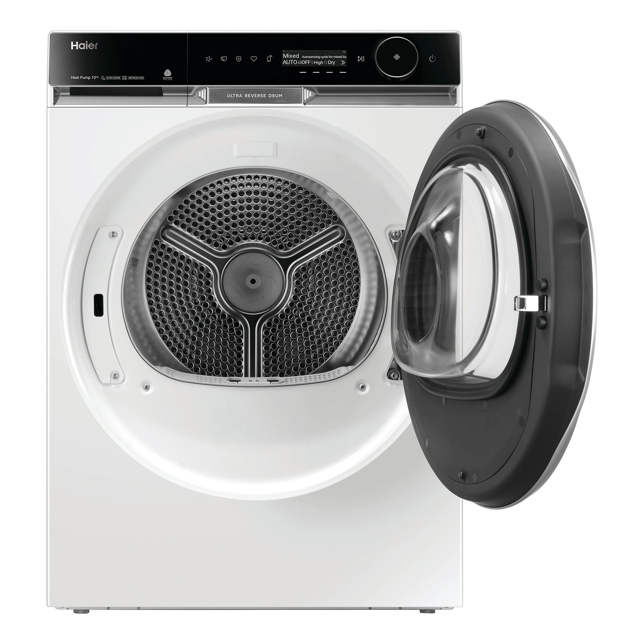 Haier 10 kg 600 Series Heat Pump Dryer Ultra Reverse Drum, Ultra Sense HDHP10PXW1, Front View With Door Open