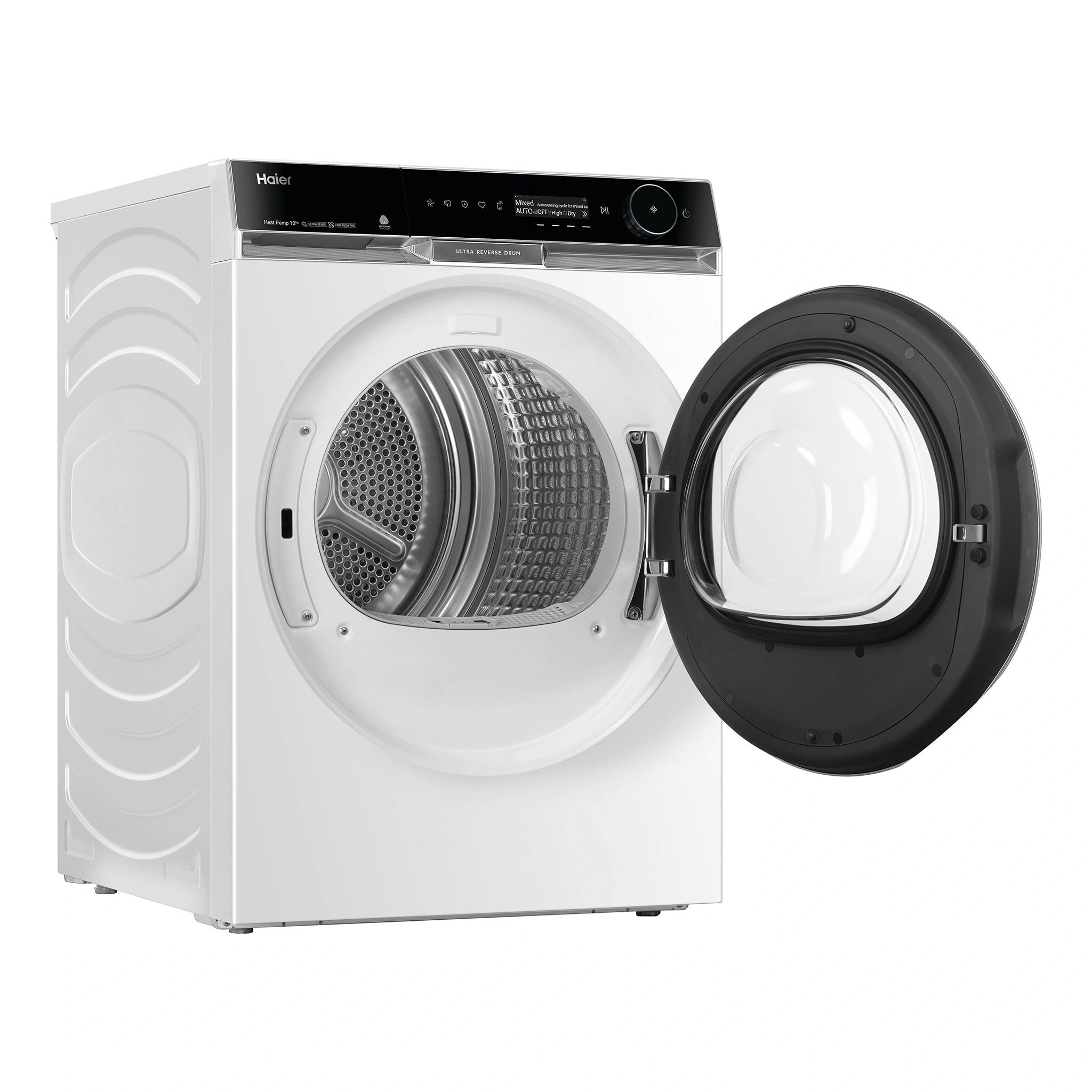 Haier 10 kg 600 Series Heat Pump Dryer Ultra Reverse Drum, Ultra Sense HDHP10PXW1, Left Side View With Door Open