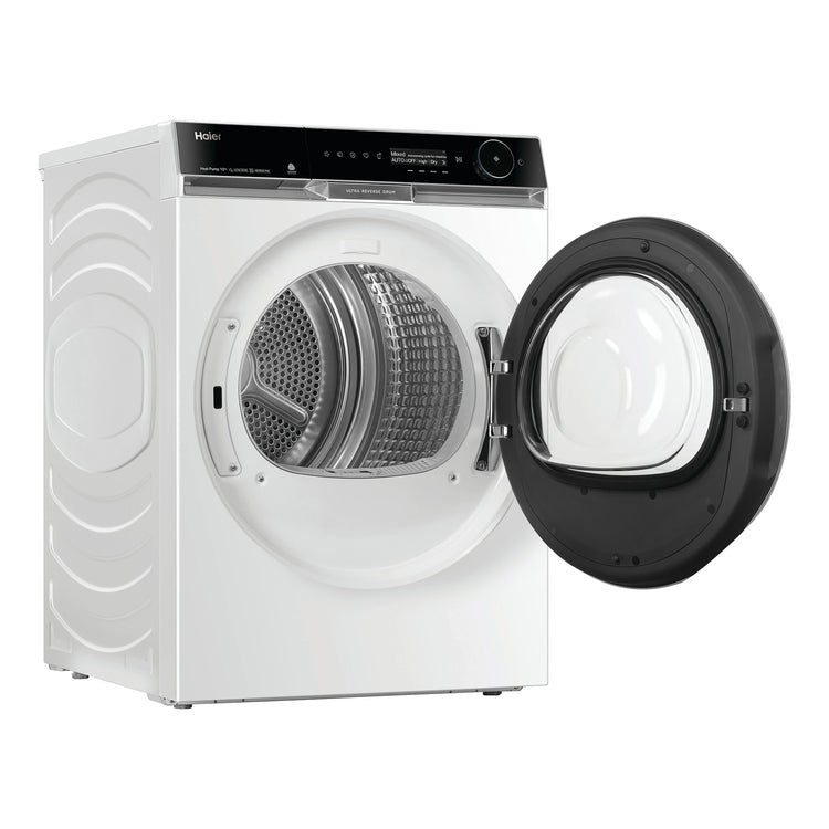 Haier 10 kg 600 Series Heat Pump Dryer Ultra Reverse Drum, Ultra Sense HDHP10PXW1, Left Side View With Door Open