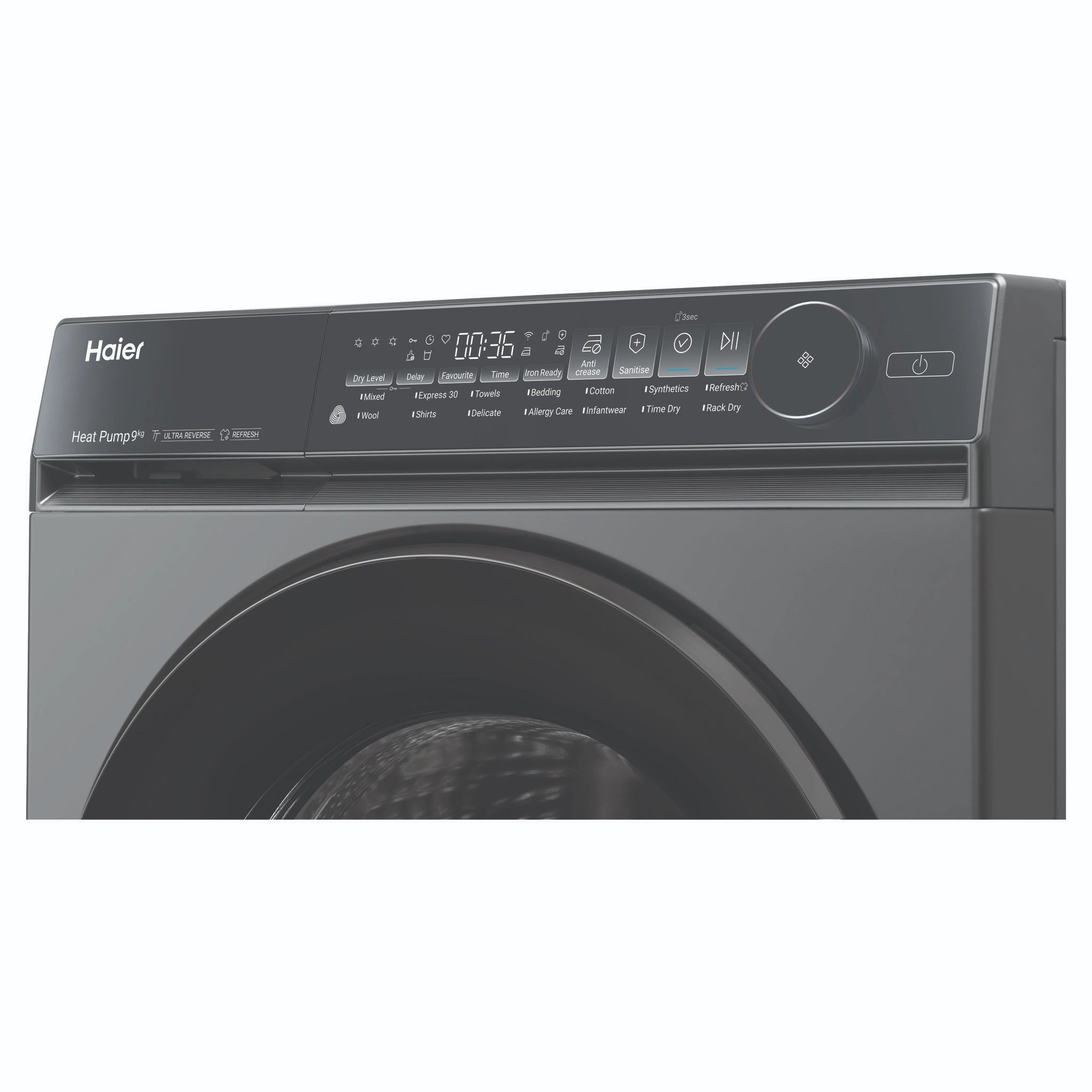 Haier 9kg 500 Series Dark Stainless Heat Pump Dryer HDHP90NB1, Control Panel View