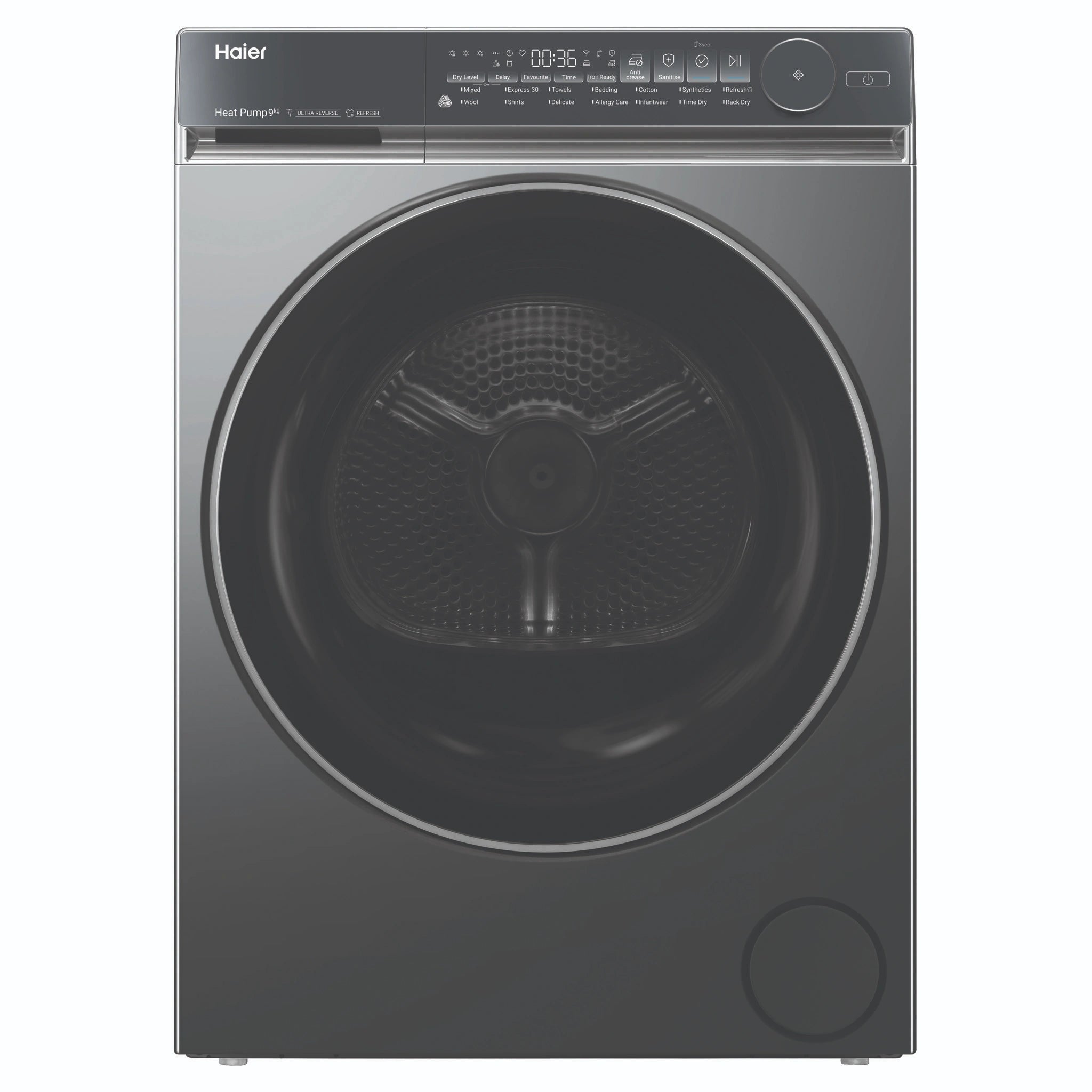 Haier 9kg 500 Series Dark Stainless Heat Pump Dryer HDHP90NB1, Front View