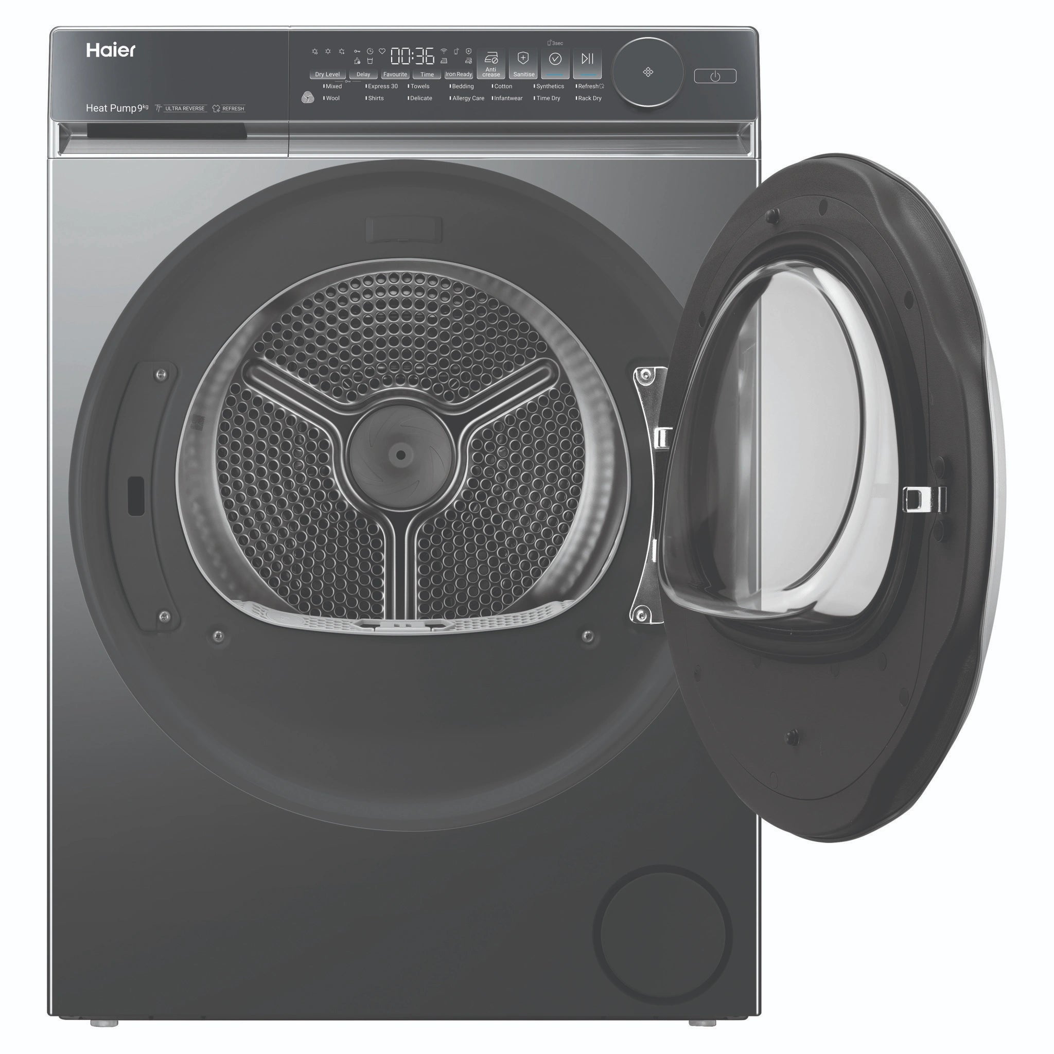 Haier 9kg 500 Series Dark Stainless Heat Pump Dryer HDHP90NB1, Front View with Door Open