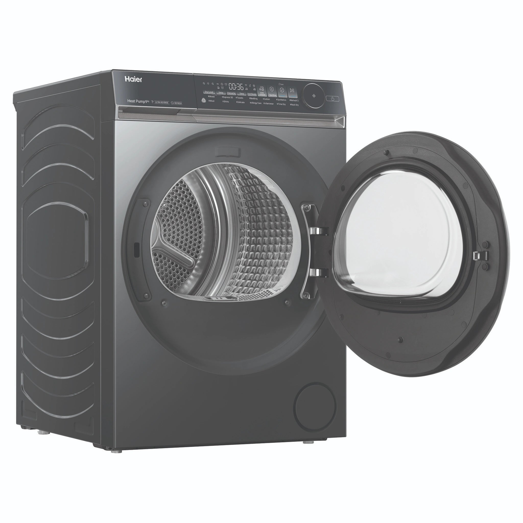 Haier 9kg 500 Series Dark Stainless Heat Pump Dryer HDHP90NB1, Front View with Door Open