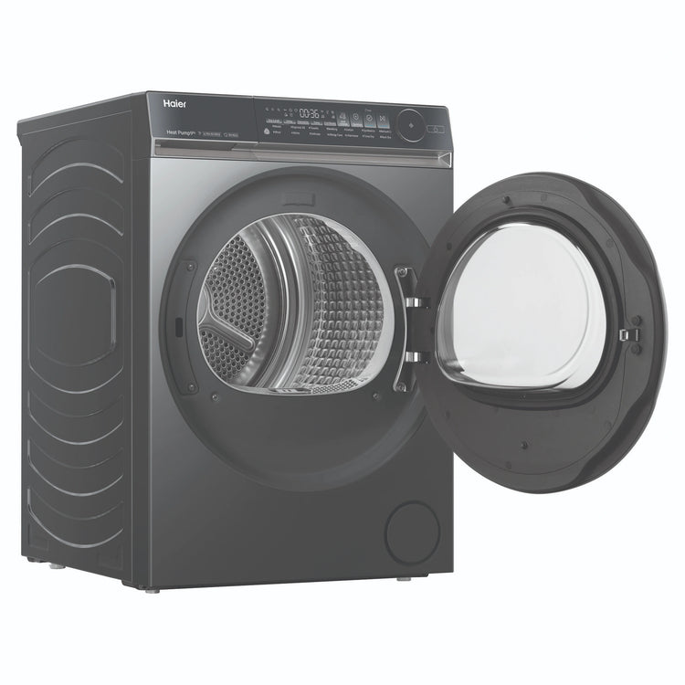 Haier 9kg 500 Series Dark Stainless Heat Pump Dryer HDHP90NB1, Front View with Door Open