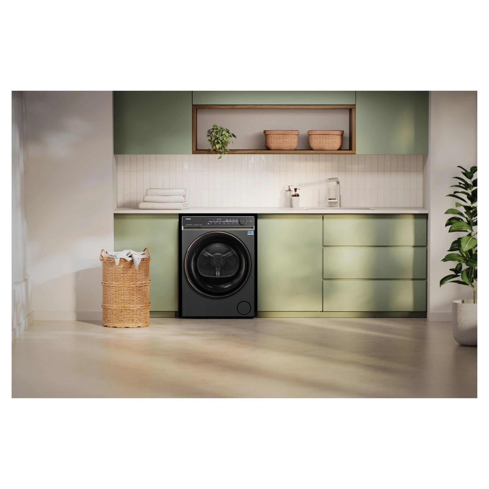 Haier 9kg 500 Series Dark Stainless Heat Pump Dryer HDHP90NB1, Lifestyle View