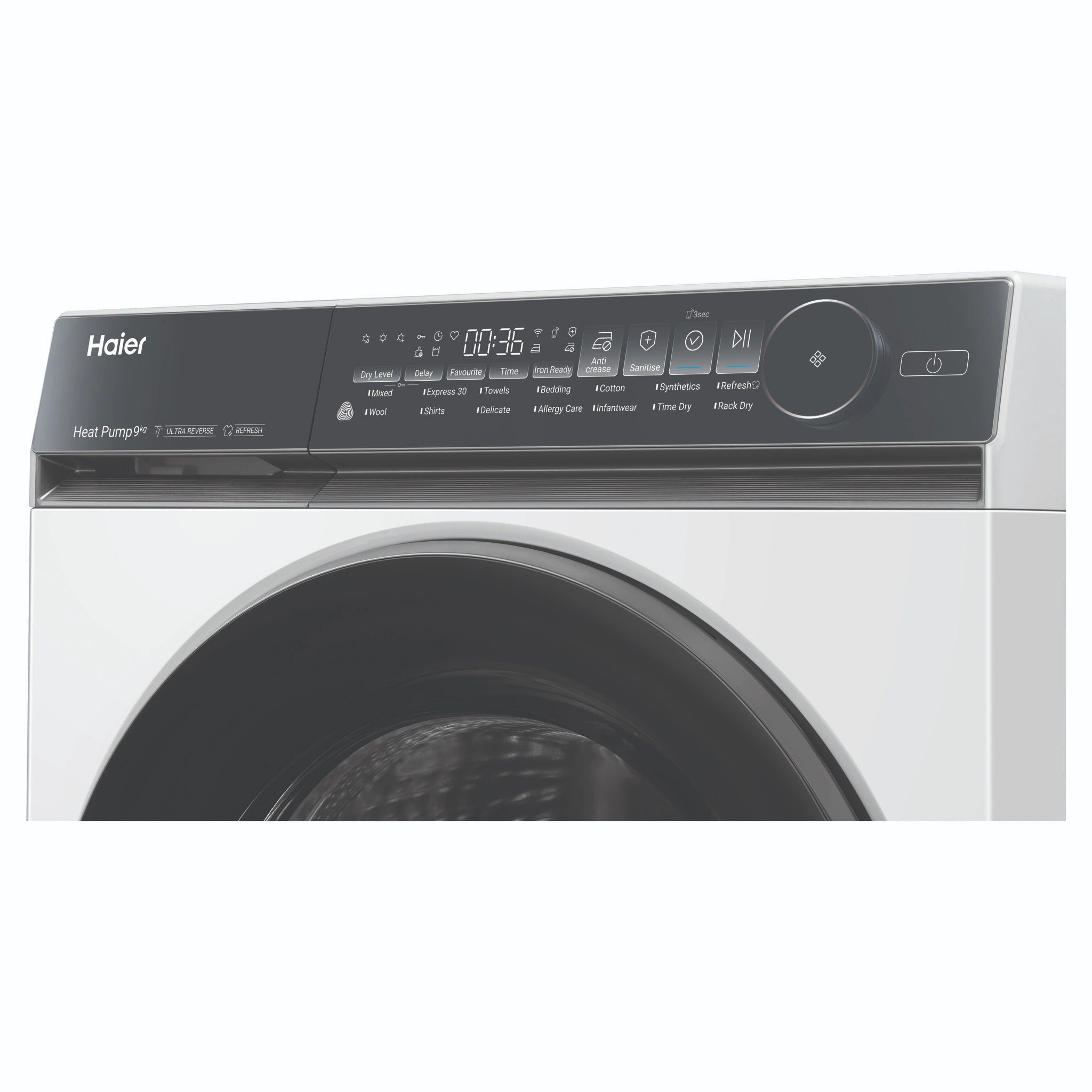 Haier 9kg 500 Series White Heat Pump Dryer HDHP90NW1, Control Panel View