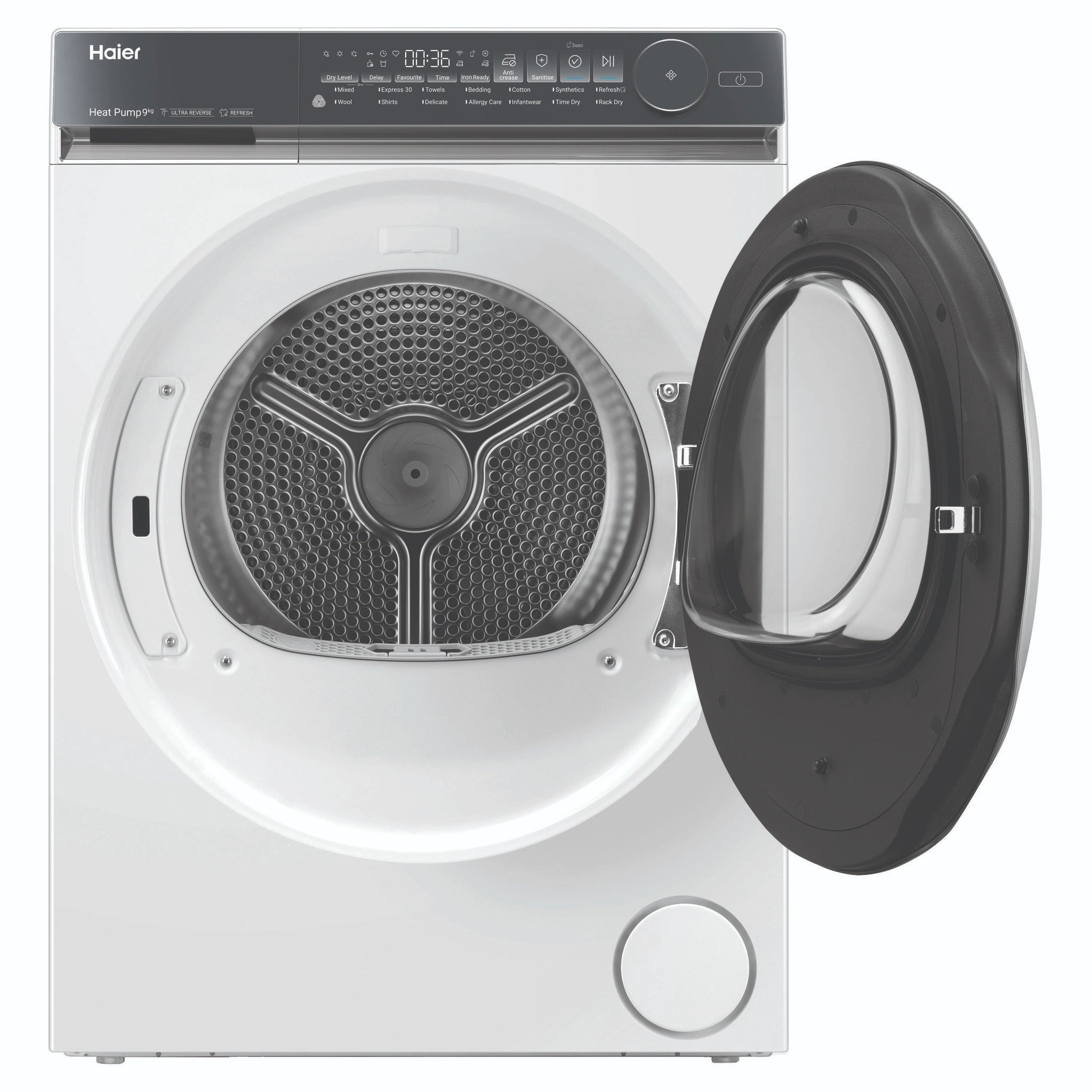 Haier 9kg 500 Series White Heat Pump Dryer HDHP90NW1, Front View with Door Open