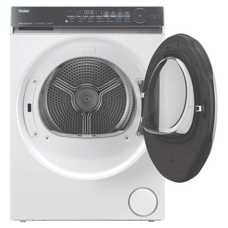Haier 9kg 500 Series White Heat Pump Dryer HDHP90NW1, Front View with Door Open