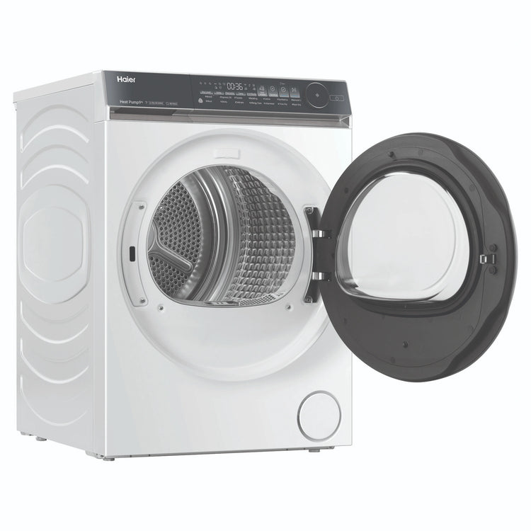 Haier 9kg 500 Series White Heat Pump Dryer HDHP90NW1, Front View with Door Open