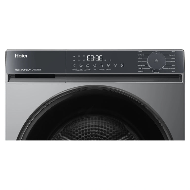 Haier 8kg 300 Series Dark Stainless Heat Pump Dryer HDHPS80KB1 Front Panel View