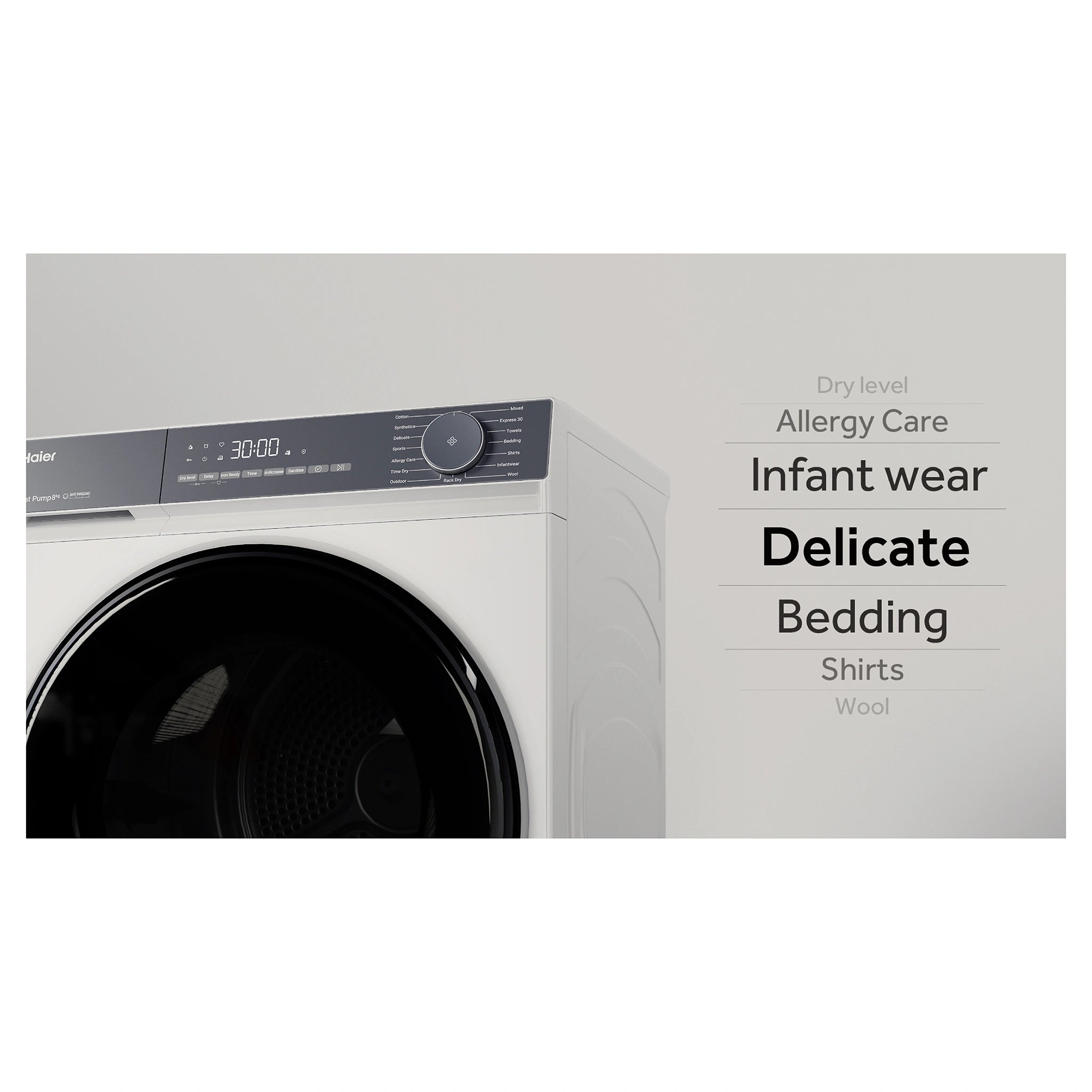 Haier 8kg 300 Series White Heat Pump Dryer HDHPS80KW1, Drying Cycle Feature