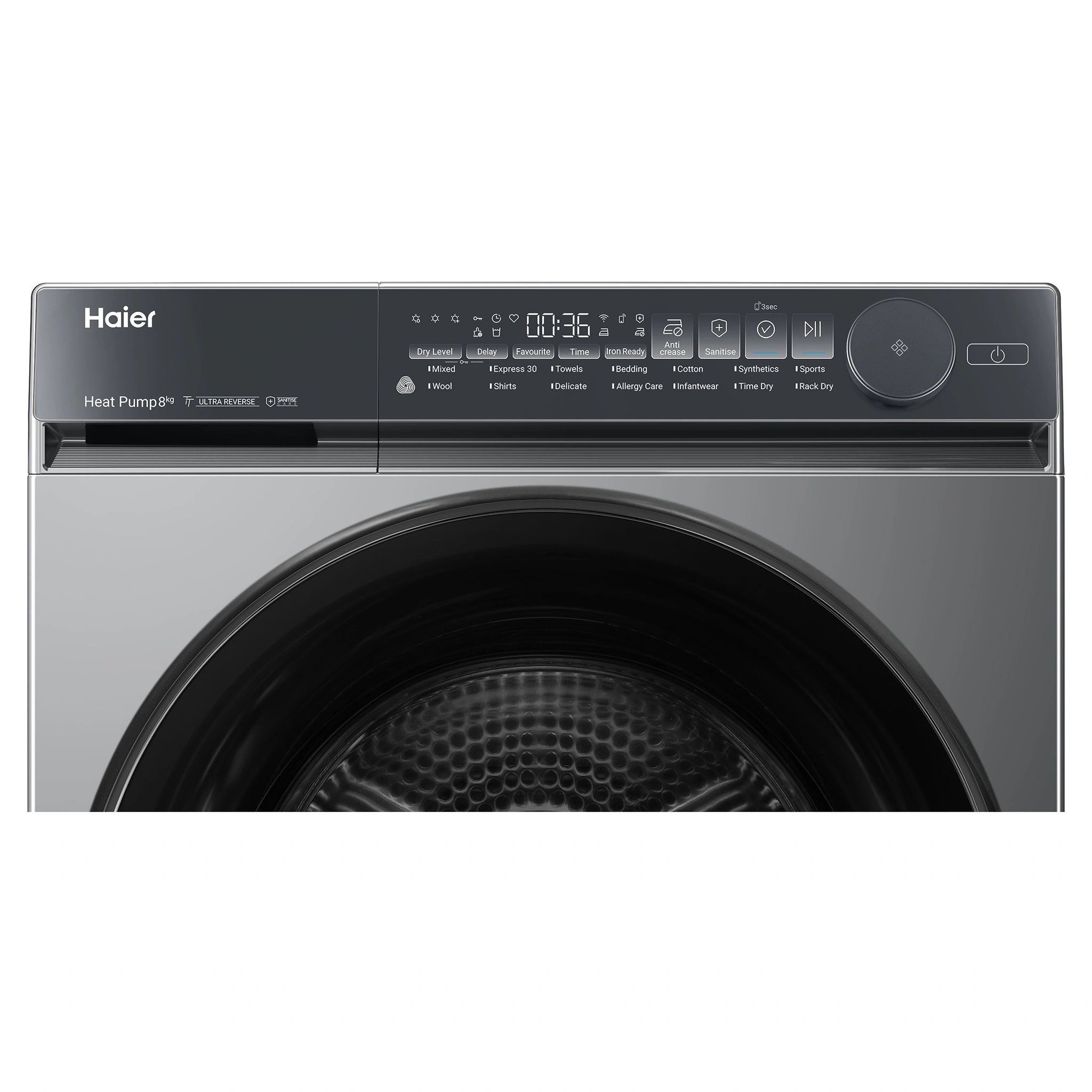 Haier 8kg 500 Black Series Heat Pump Dryer HDHPS80NB1, Front Panel View