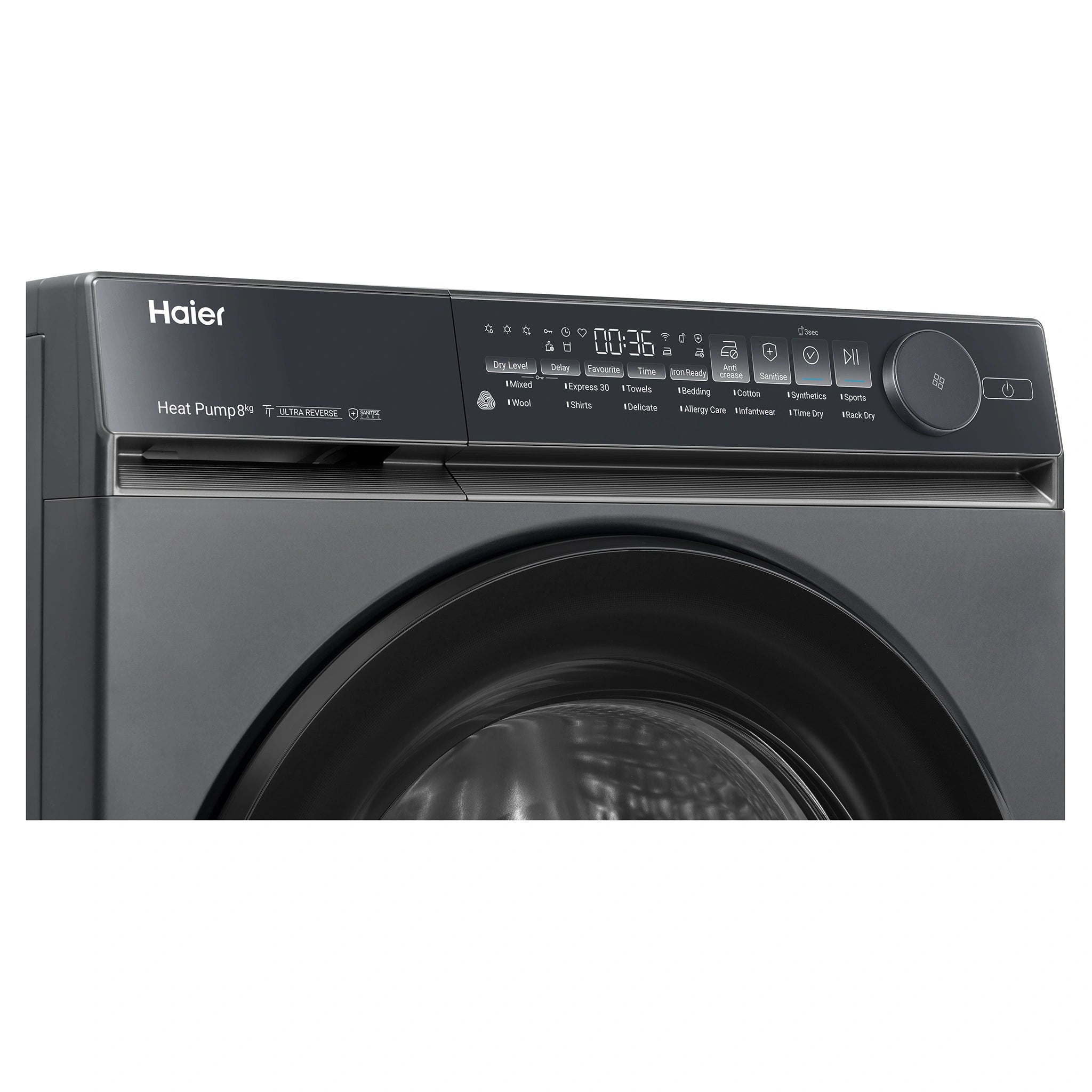 Haier 8kg 500 Black Series Heat Pump Dryer HDHPS80NB1, Left Side Panel View