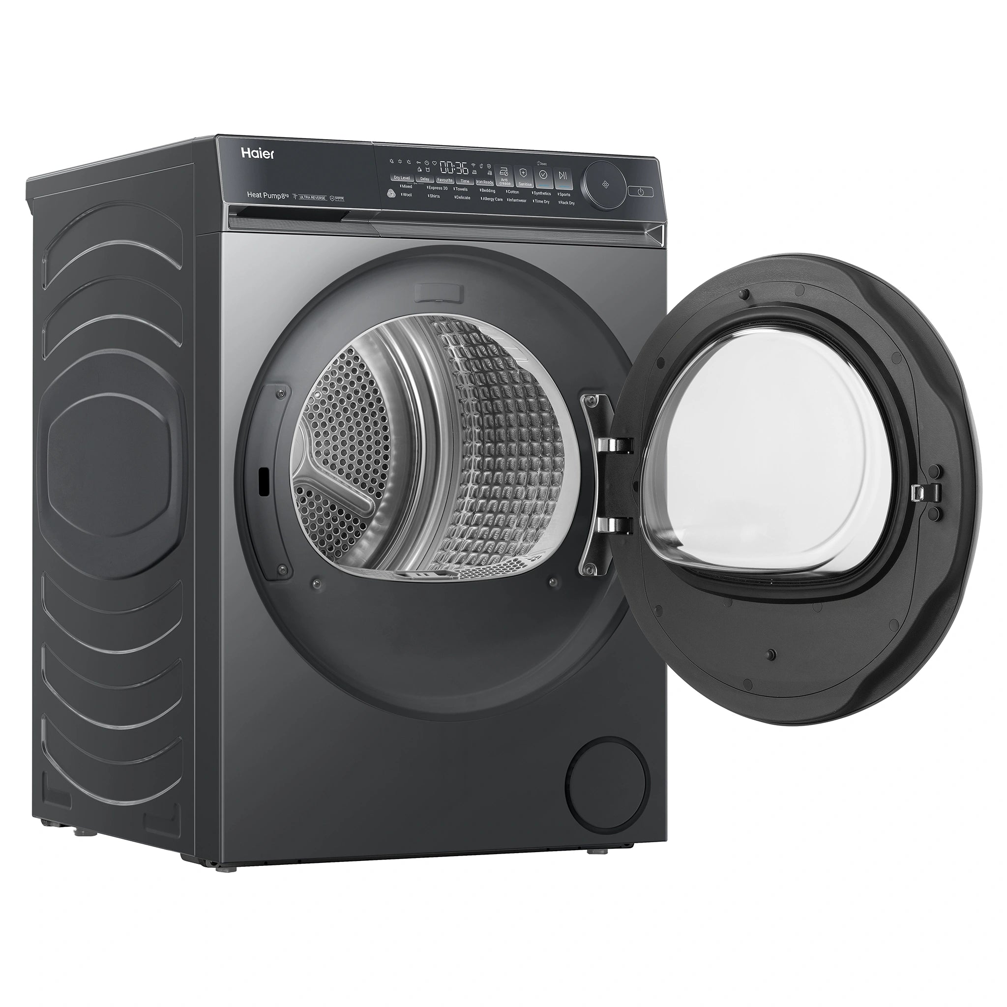 Haier 8kg 500 Black Series Heat Pump Dryer HDHPS80NB1, Left Side Open Door View