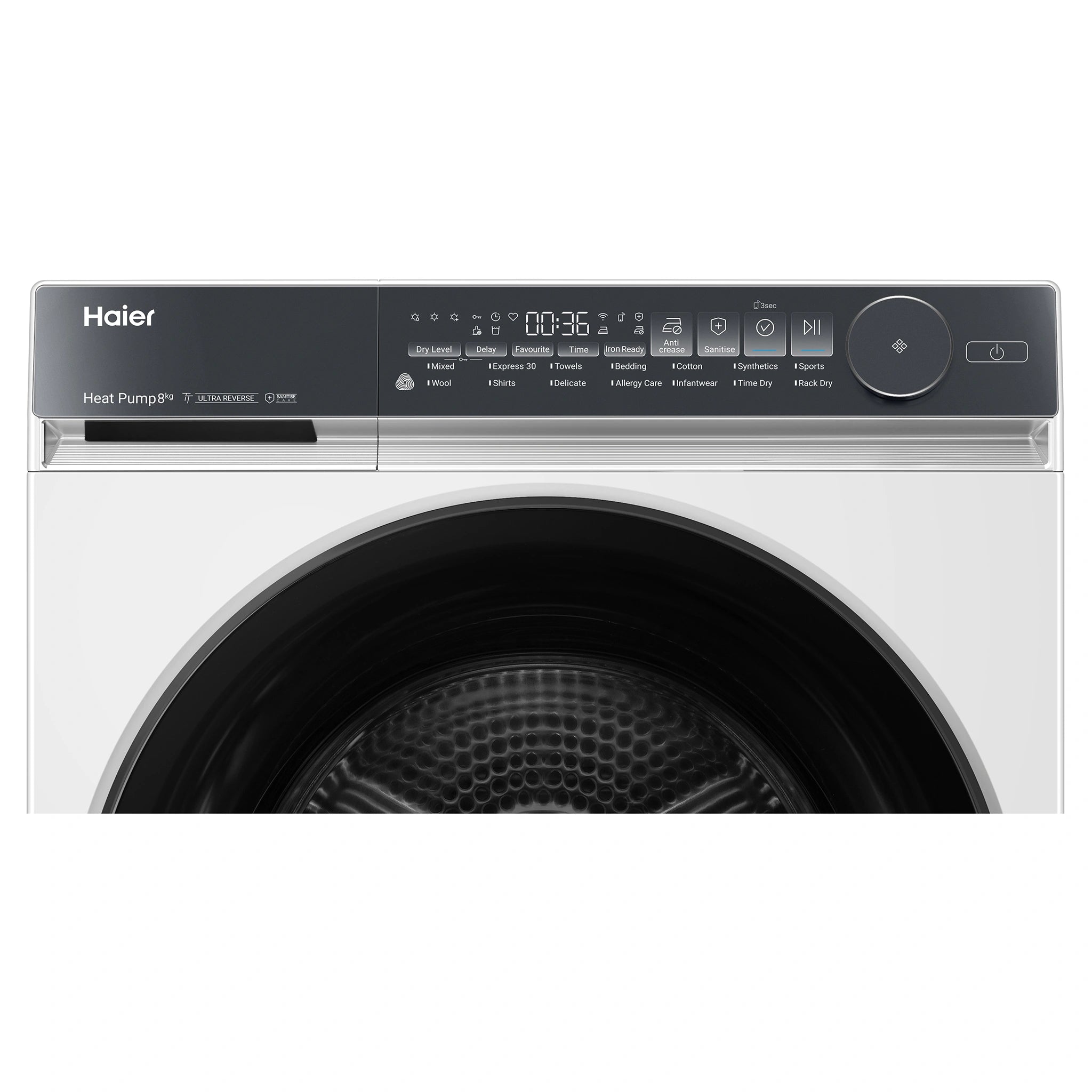 Haier 8kg 500 Series White Heat Pump Dryer HDHPS80NW1, Front Panel View