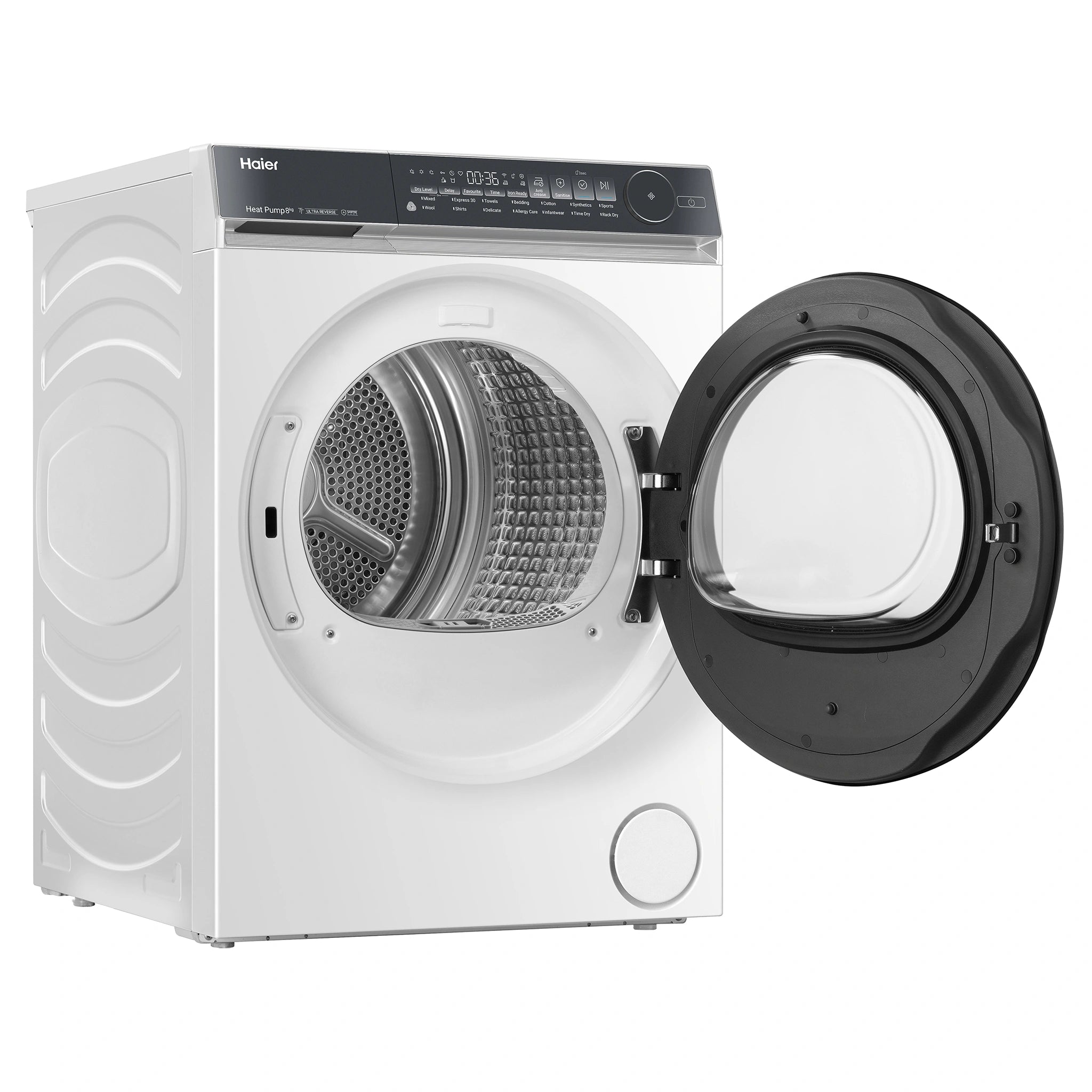 Haier 8kg 500 Series White Heat Pump Dryer HDHPS80NW1, Left Side Open Door View