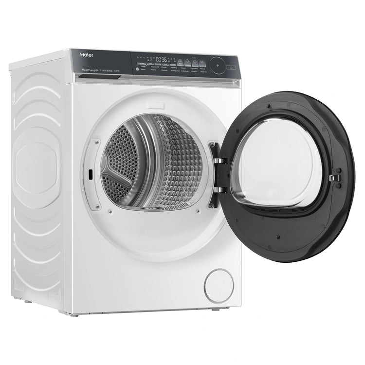 Haier 8kg 500 Series White Heat Pump Dryer HDHPS80NW1, Left Side Open Door View