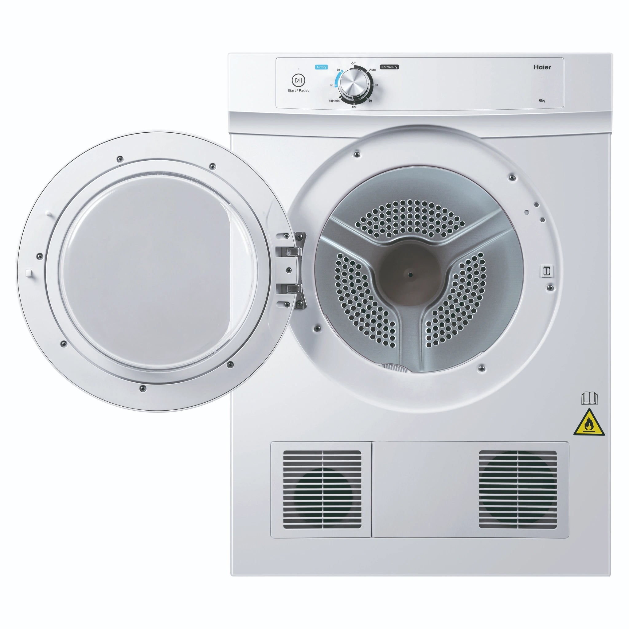 Haier 6kg 300 Series White Vented Dryer HDV60A1, Front View with Door Opne