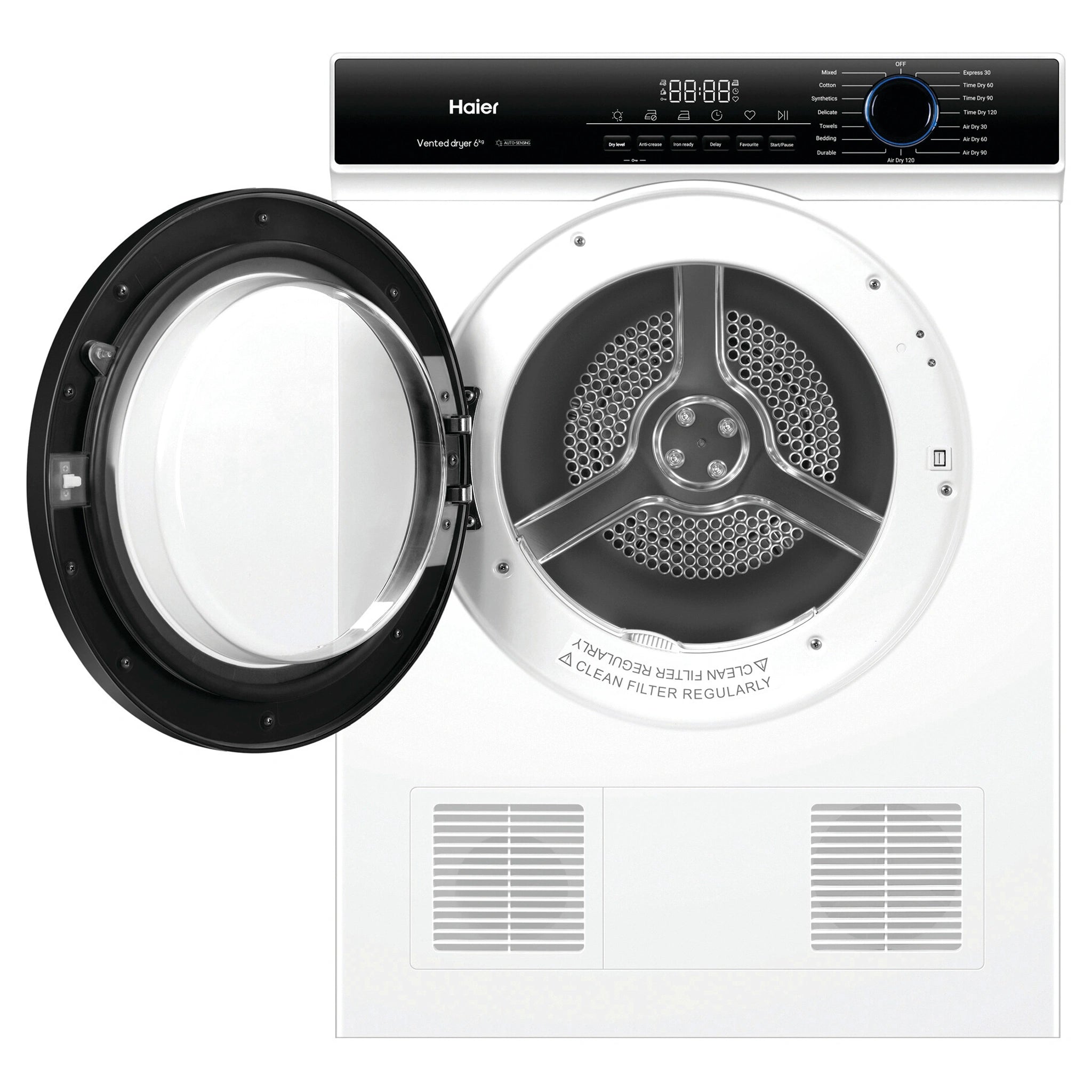 Haier 6kg Sensor Vented Dryer with 15 Programs - White HDV60AWW1, Front View With Door Open
