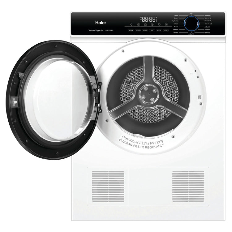 Haier 6kg Sensor Vented Dryer with 15 Programs - White HDV60AWW1, Front View With Door Open