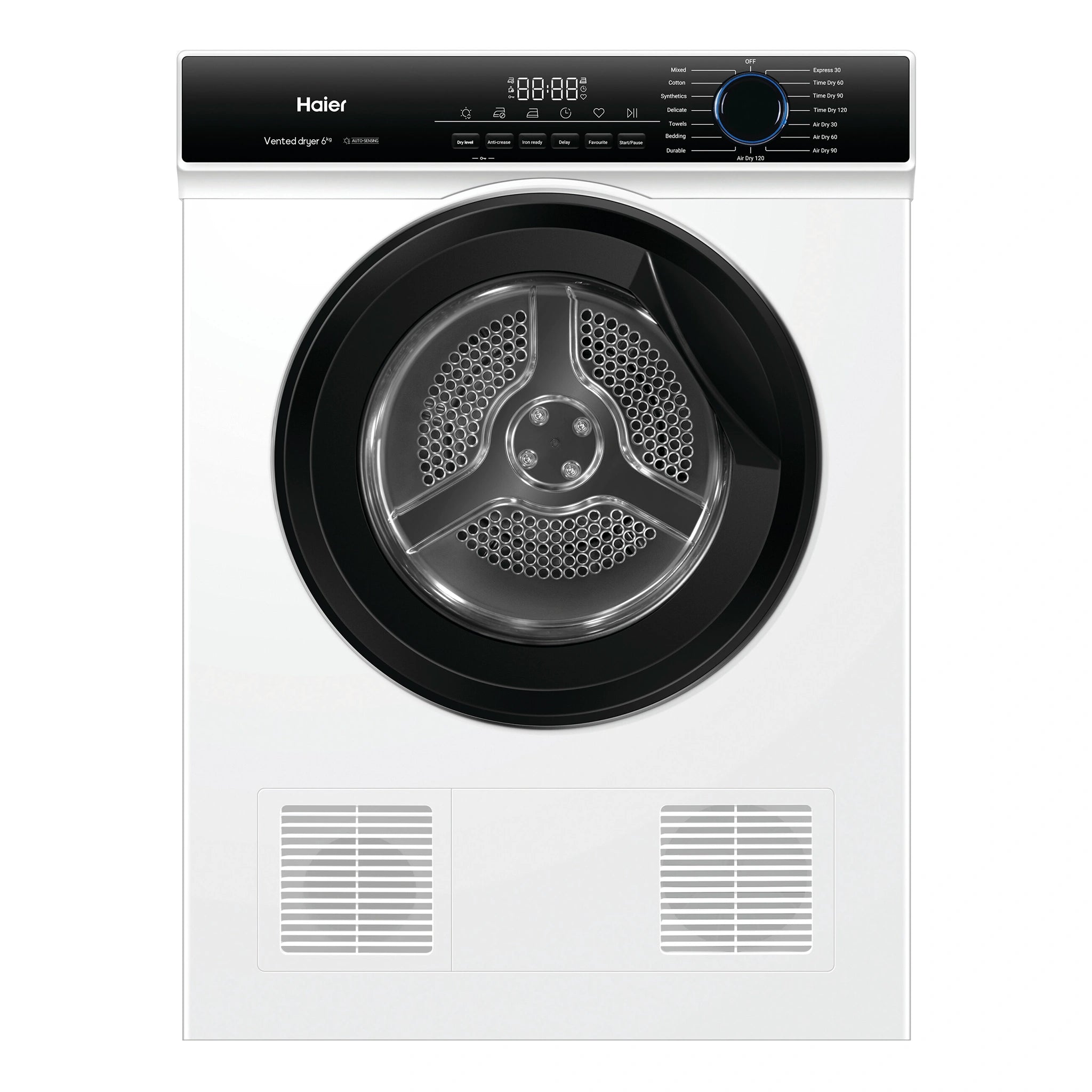 Haier 6kg Sensor Vented Dryer with 15 Programs - White HDV60AWW1, Front View