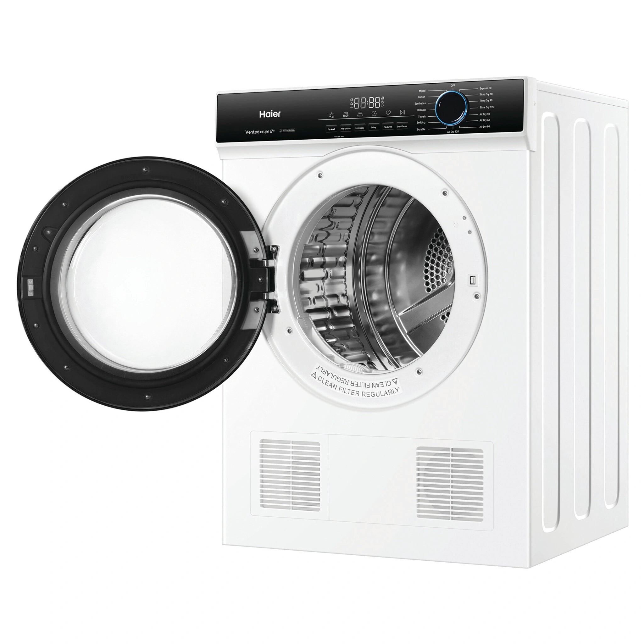 Haier 6kg Sensor Vented Dryer with 15 Programs - White HDV60AWW1,  Left Side View With Door Open