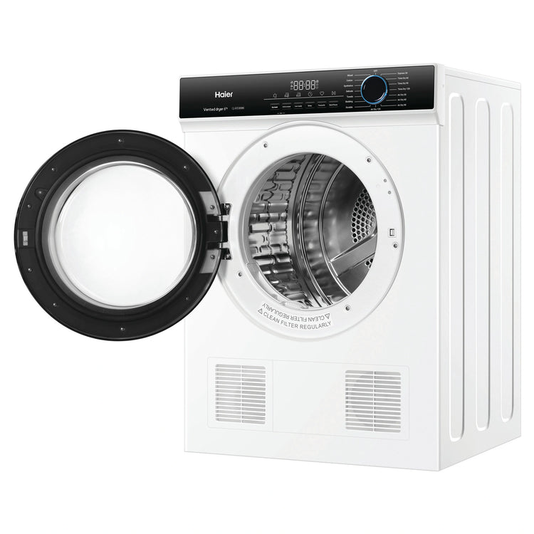 Haier 6kg Sensor Vented Dryer with 15 Programs - White HDV60AWW1,  Left Side View With Door Open