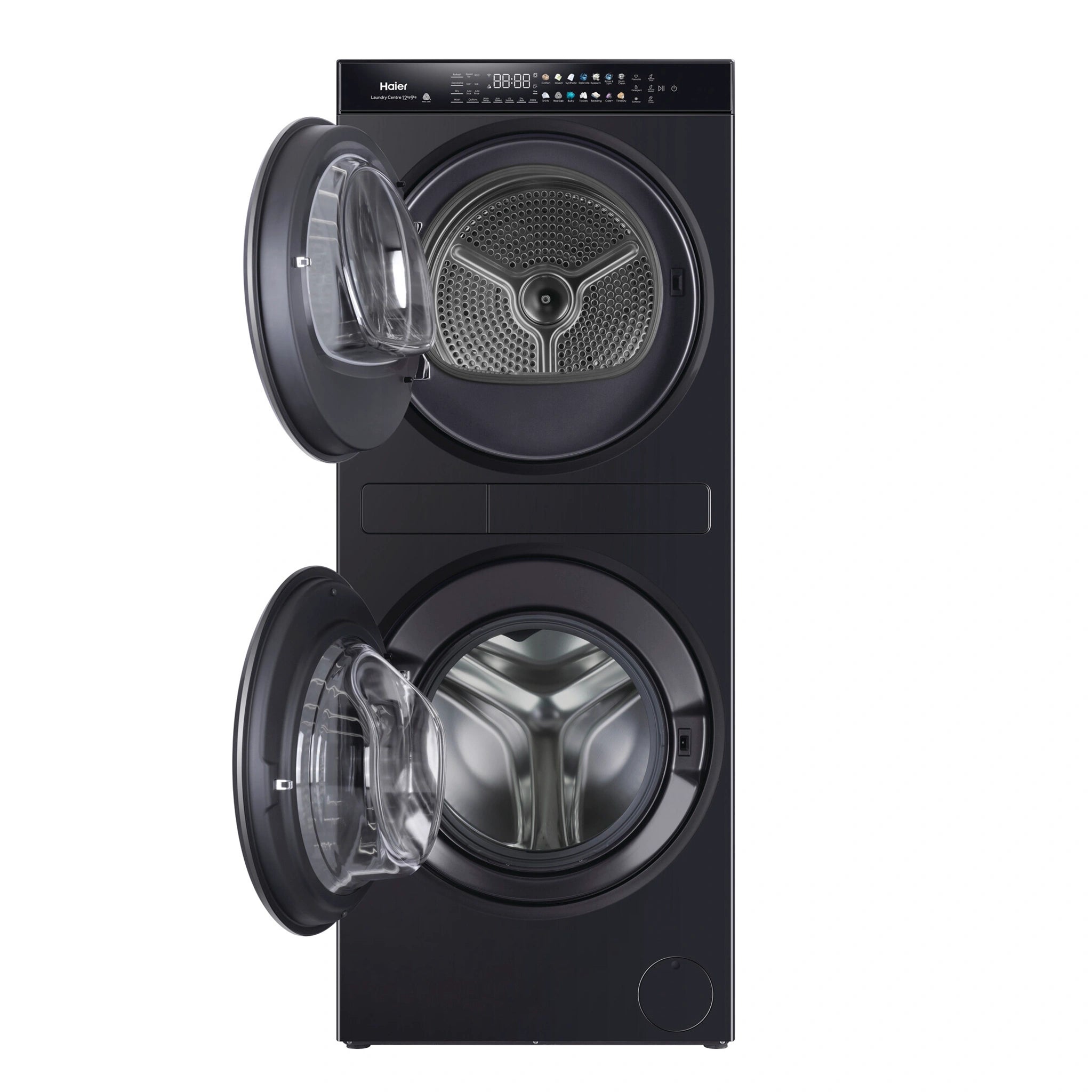 Haier 12kg + 9kg 600 Series Laundry Centre Heat Pump Dryer HLC1290CTB1, Front View With Doors Open
