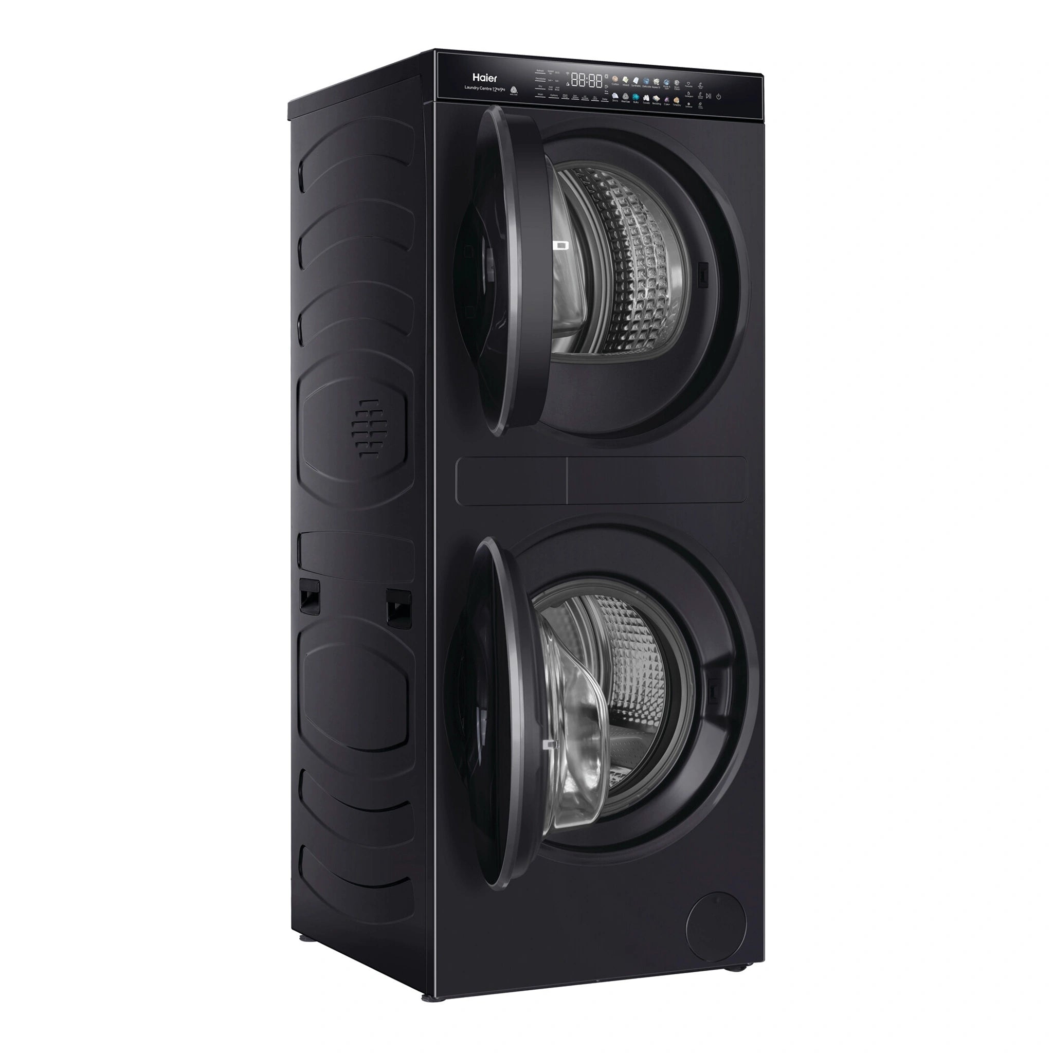 Haier 12kg + 9kg 600 Series Laundry Centre Heat Pump Dryer HLC1290CTB1, Left Side View With Doors Open