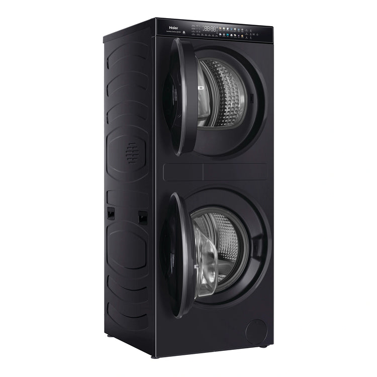 Haier 12kg + 9kg 600 Series Laundry Centre Heat Pump Dryer HLC1290CTB1, Left Side View With Doors Open