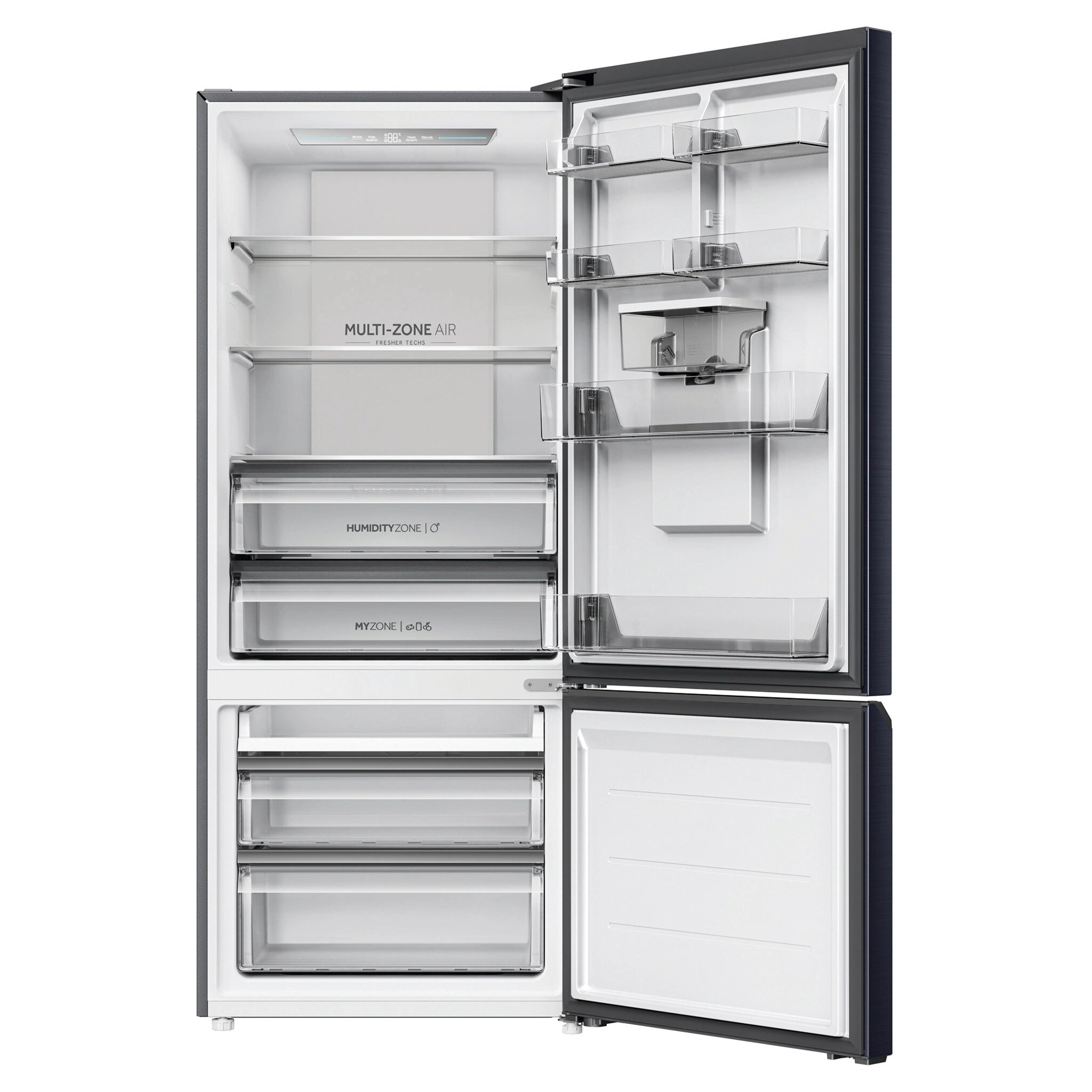 Haier HRF420BHC 431L 500 Series Refrigerator Bottom Freezer, Front View With Door Open
