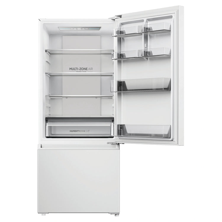 Haier 433L 500 Series Refrigerator Bottom Freezer HRF420BW, Front View With Upper Door Open