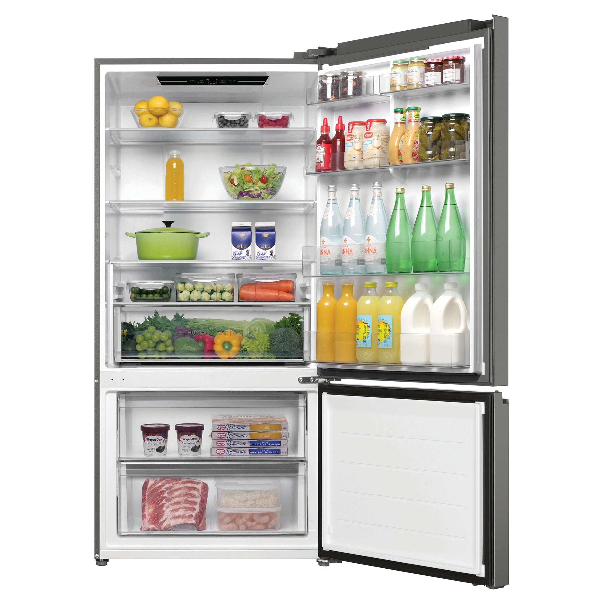 Haier 517L 500 Series Refrigerator Bottom Freezer HRF510BS, Front View With Door Open Storages