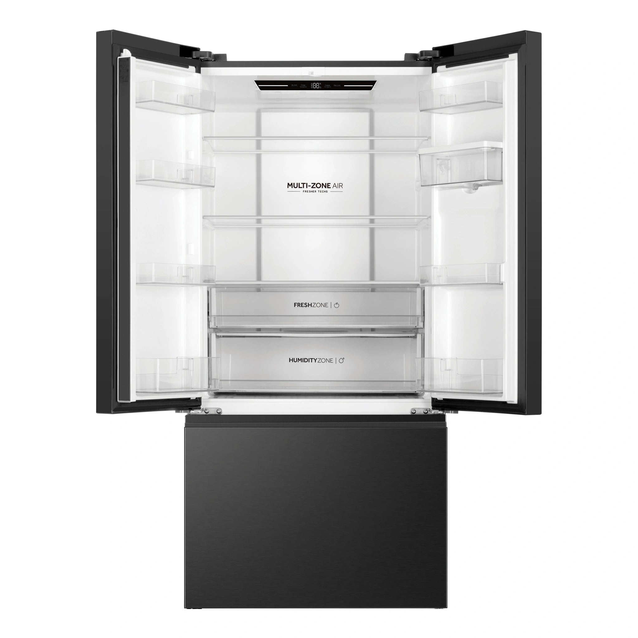 Haier 509L Black French Door Fridge With Water Dispenser HRF510FHC, Front View With Door Open