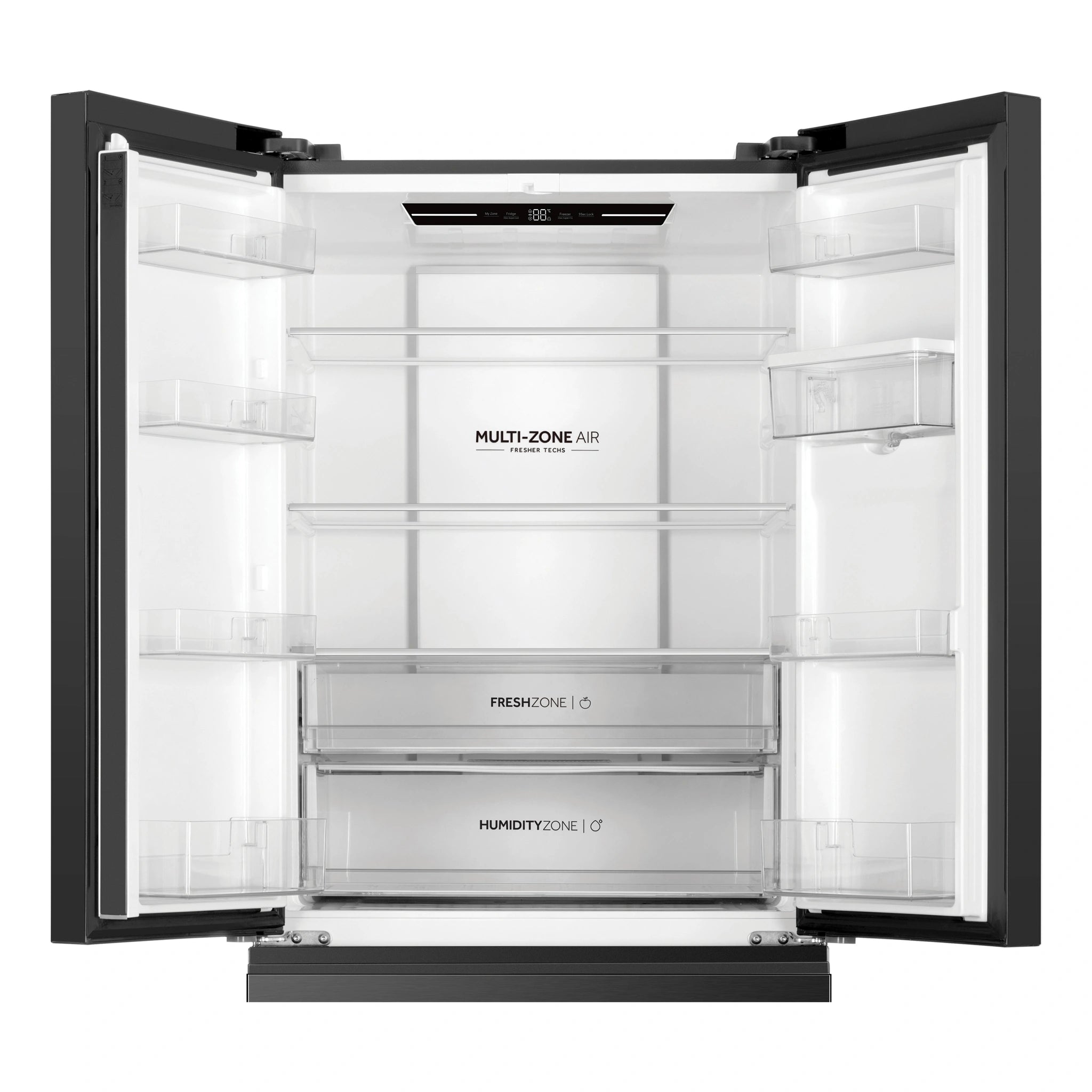 Haier 509L Black French Door Fridge With Water Dispenser HRF510FHC, Front View With Door Open