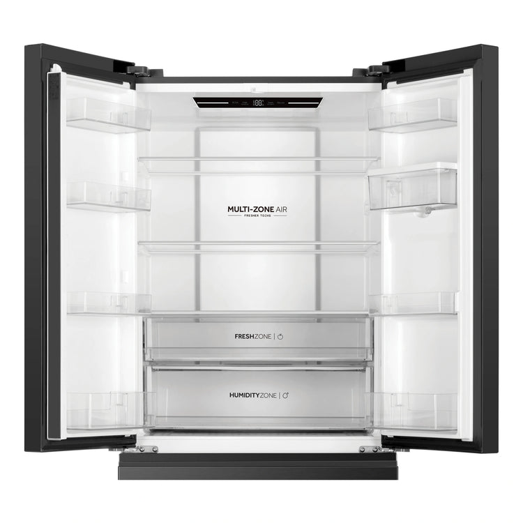 Haier 509L Black French Door Fridge With Water Dispenser HRF510FHC, Front View With Door Open