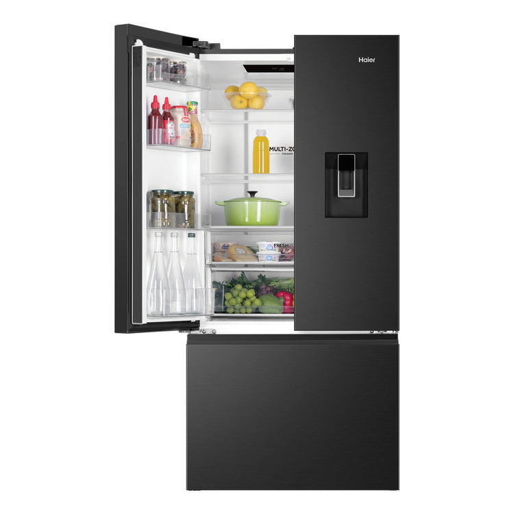 Haier 509L Black French Door Fridge With Water Dispenser HRF510FHC, Front View With Left Side Door Open