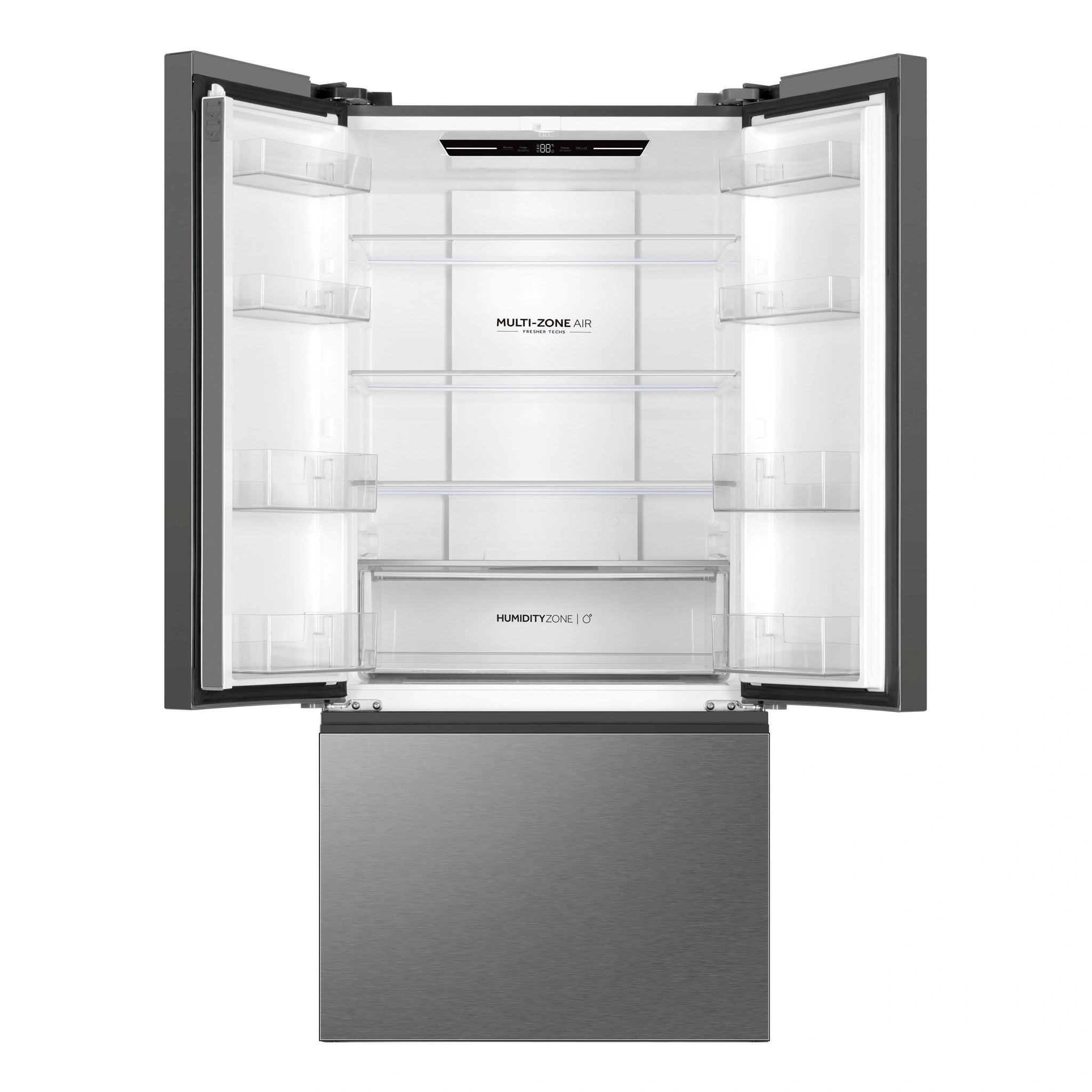 Haier Stainless Steel French Door Fridge With 5-Star Energy Efficiency HRF510FS, Front View With Door Open
