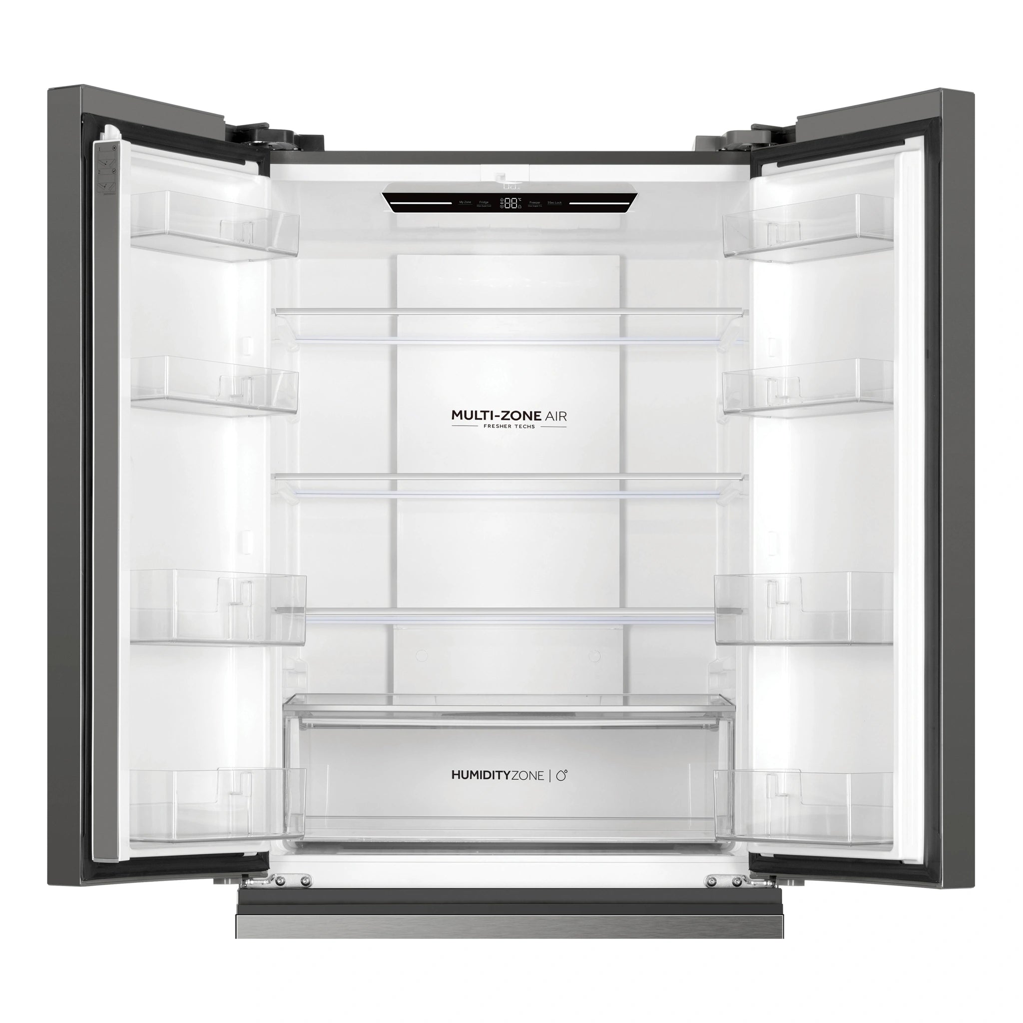 Haier Stainless Steel French Door Fridge With 5-Star Energy Efficiency HRF510FS, Front View With Door Open