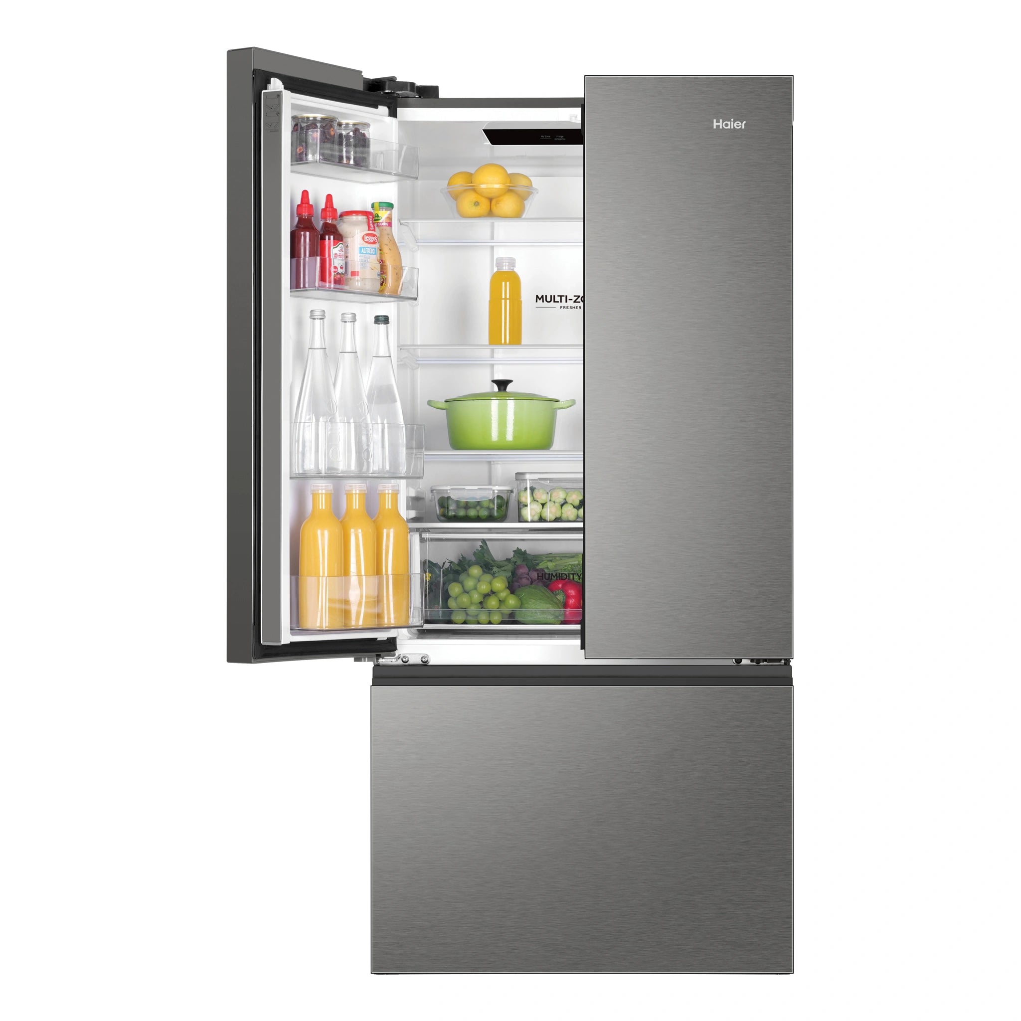 Haier Stainless Steel French Door Fridge With 5-Star Energy Efficiency HRF510FS, Front View With Left Door Open