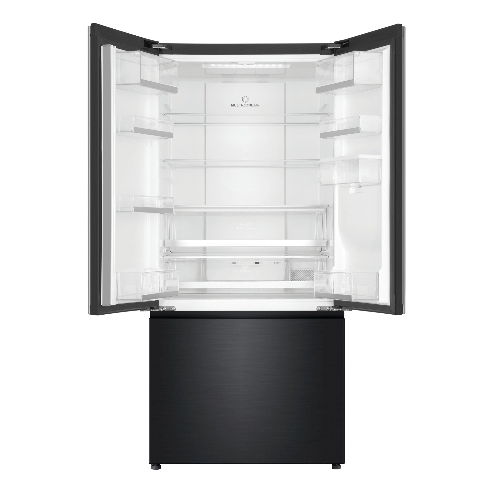 Haier 489L 600 Series Black French Door Refrigerator Freezer HRF520FHC, Front View With Door Open