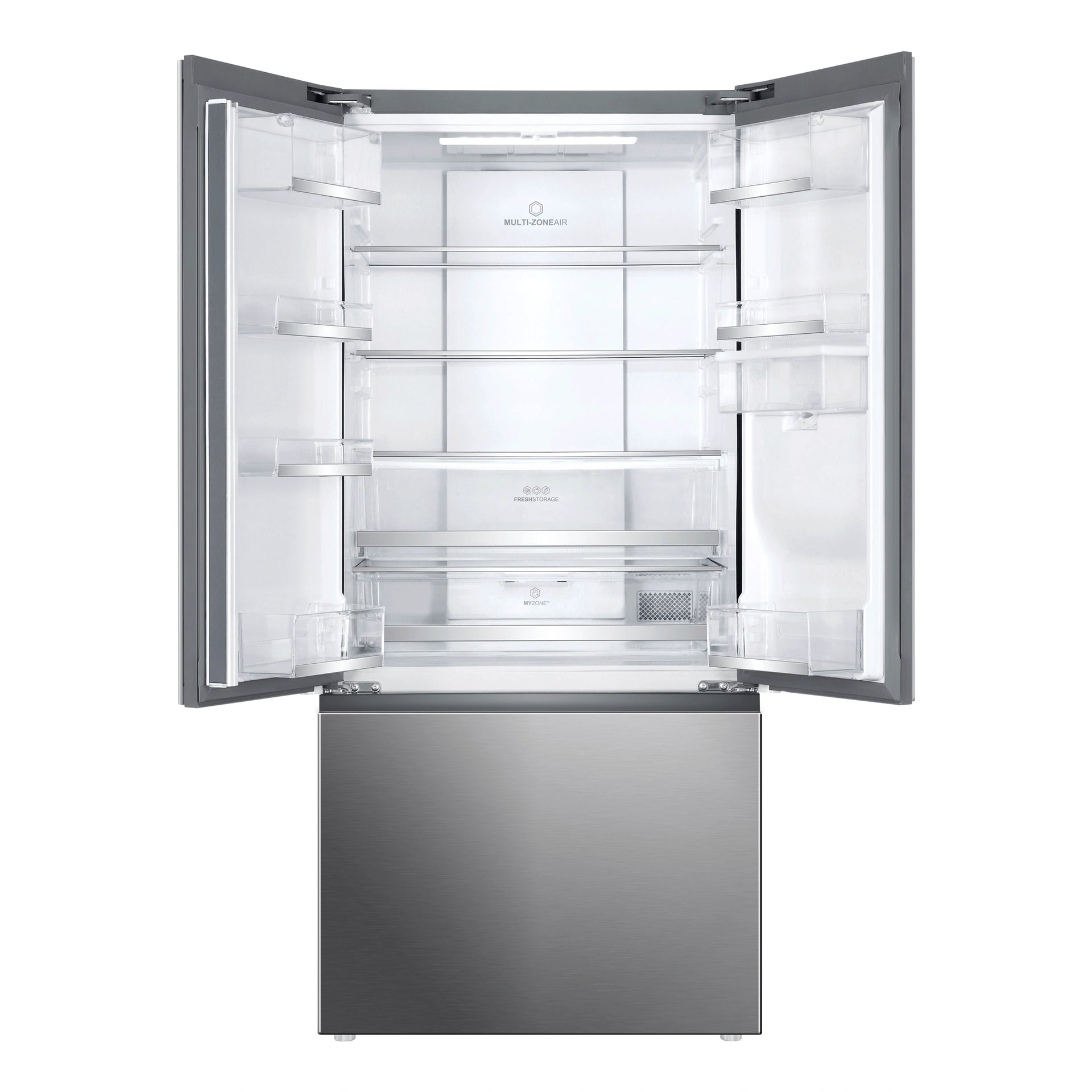 Haier 489L 600 Series Stainless Steel French Door Refrigerator Freezer HRF520FHS, Front View With Door Open