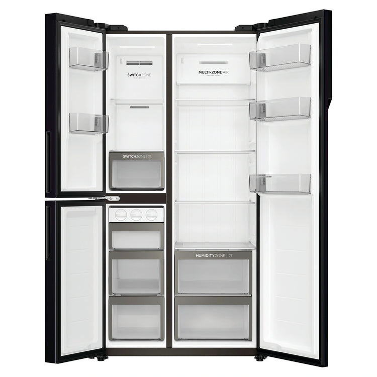 Haier 574L Black Three Door Side by Side Refrigerator HRF575XC, Front Double Door Open View