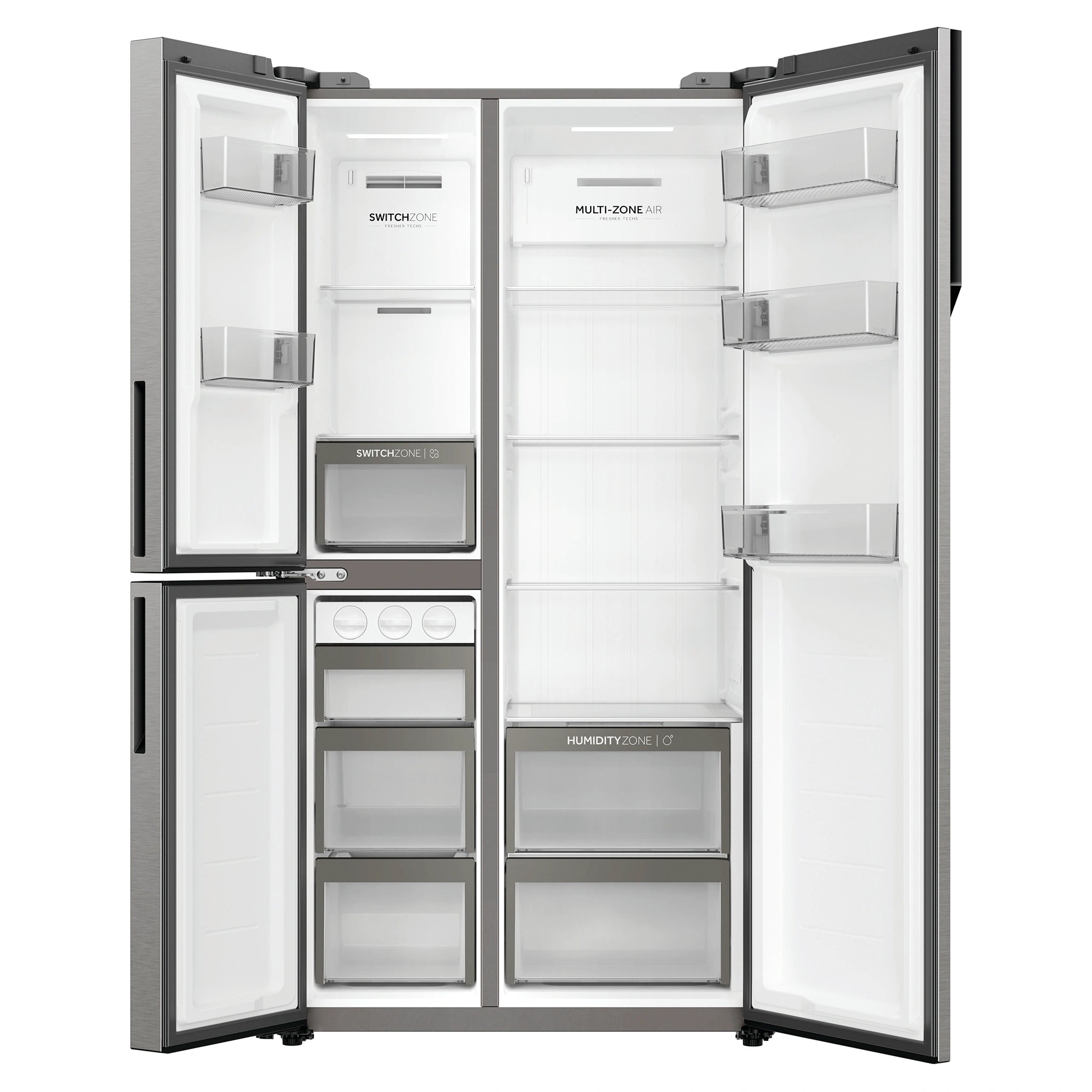 Haier 574L S+ Satina Silver Three Door Side by Side Refrigerator HRF575XS, Front Double Door Open View